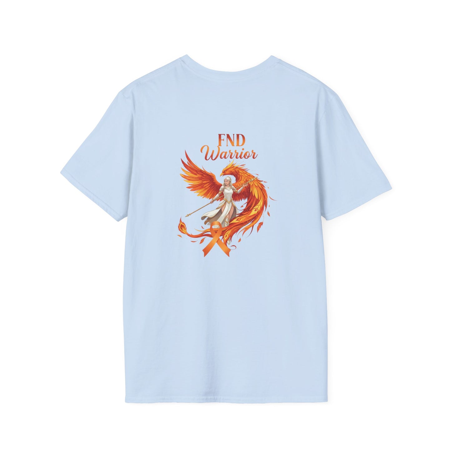 Light blue t-shirt with a phoenix design and 'END Warrior' text on the back.