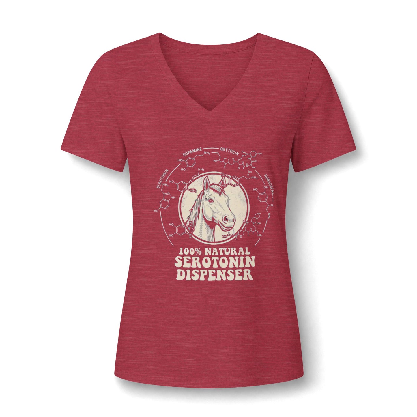 A casual tee featuring a friendly horse graphic and the text '100% Natural Serotonin Dispenser'—the perfect mood-booster in heather red.