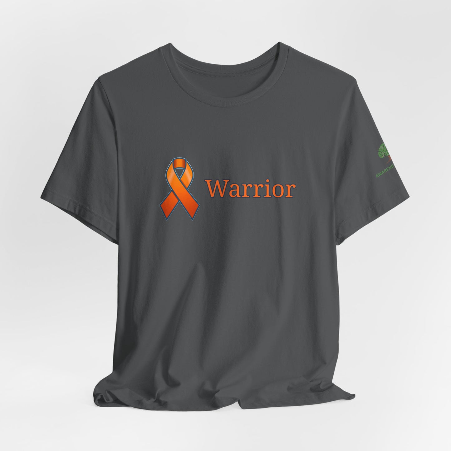 Gray t-shirt with an orange ribbon and 'Warrior' text on a white background
