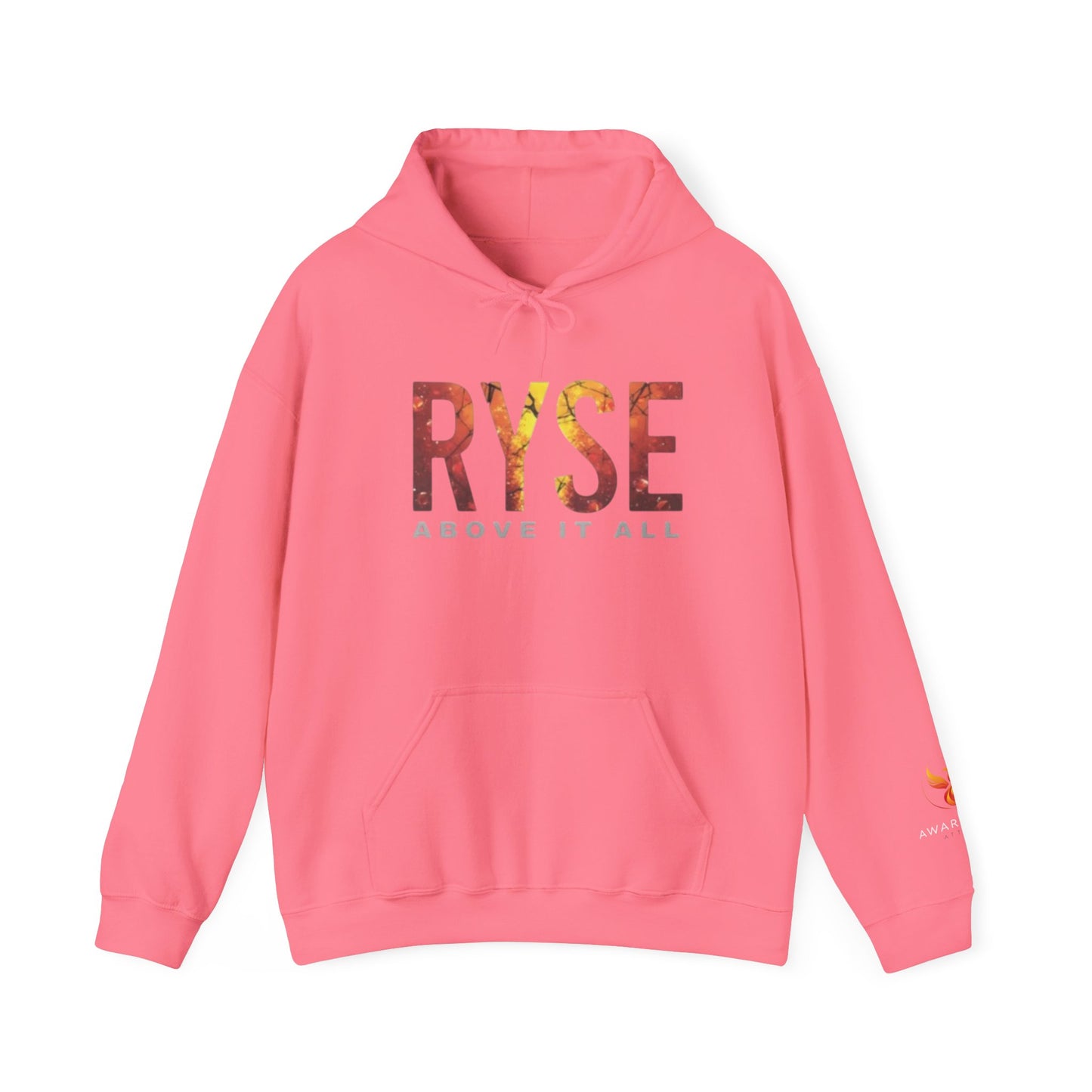 Rise Above It All hoodie inspired by our mascot Ryse the Phoenix featuring the word RYSE in large burning letters.