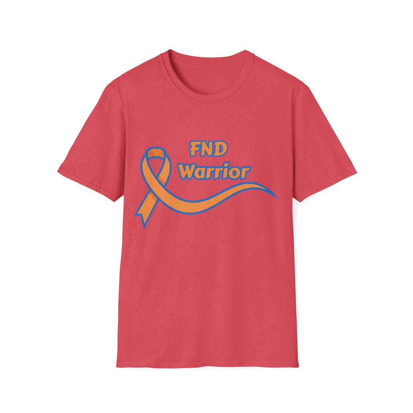 Red t-shirt with an orange and blue ribbon graphic and 'FND Warrior' text on a white background
