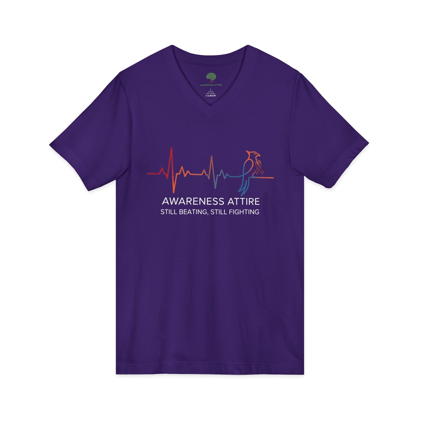 Awareness Attire's 'Still Beating, Still Fighting' shirt, showing a heartbeat line morphing into Ryse the phoenix as a powerful symbol of resilience.