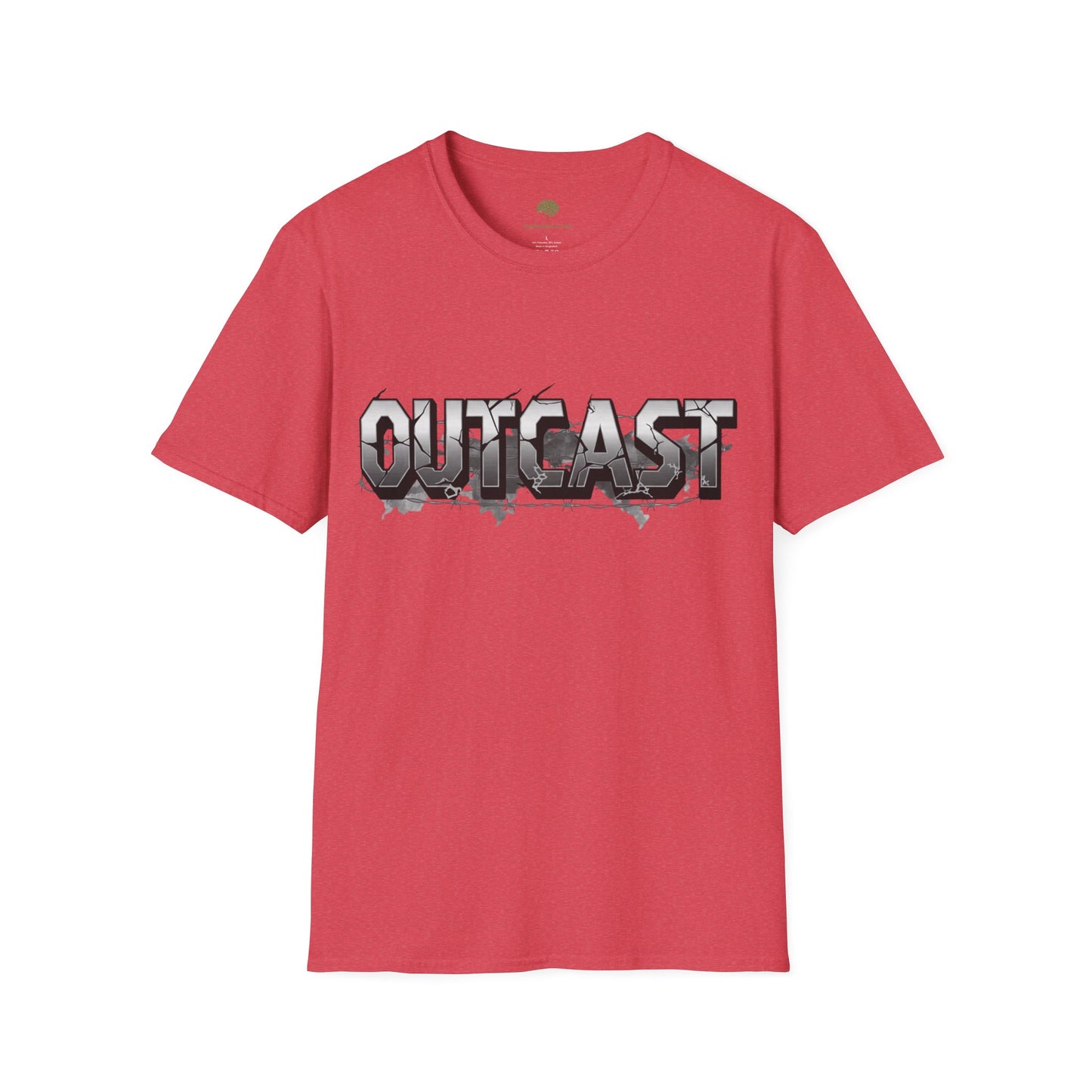 Red t-shirt with 'OUTCAST' text on a white background