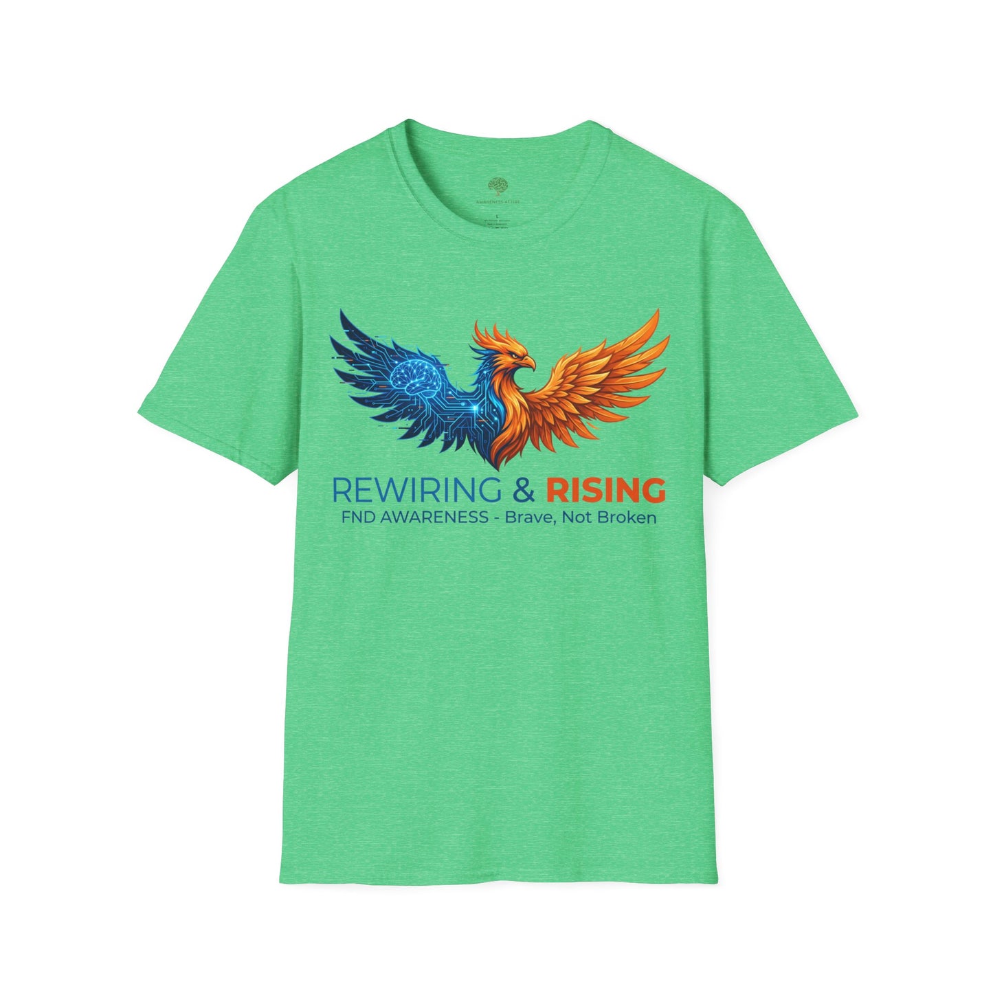 A casual crew-neck shirt designed for FND awareness, showcasing the inspiring message 'Rewiring and Rising' in a modern, easy-to-read typeface in mint green
