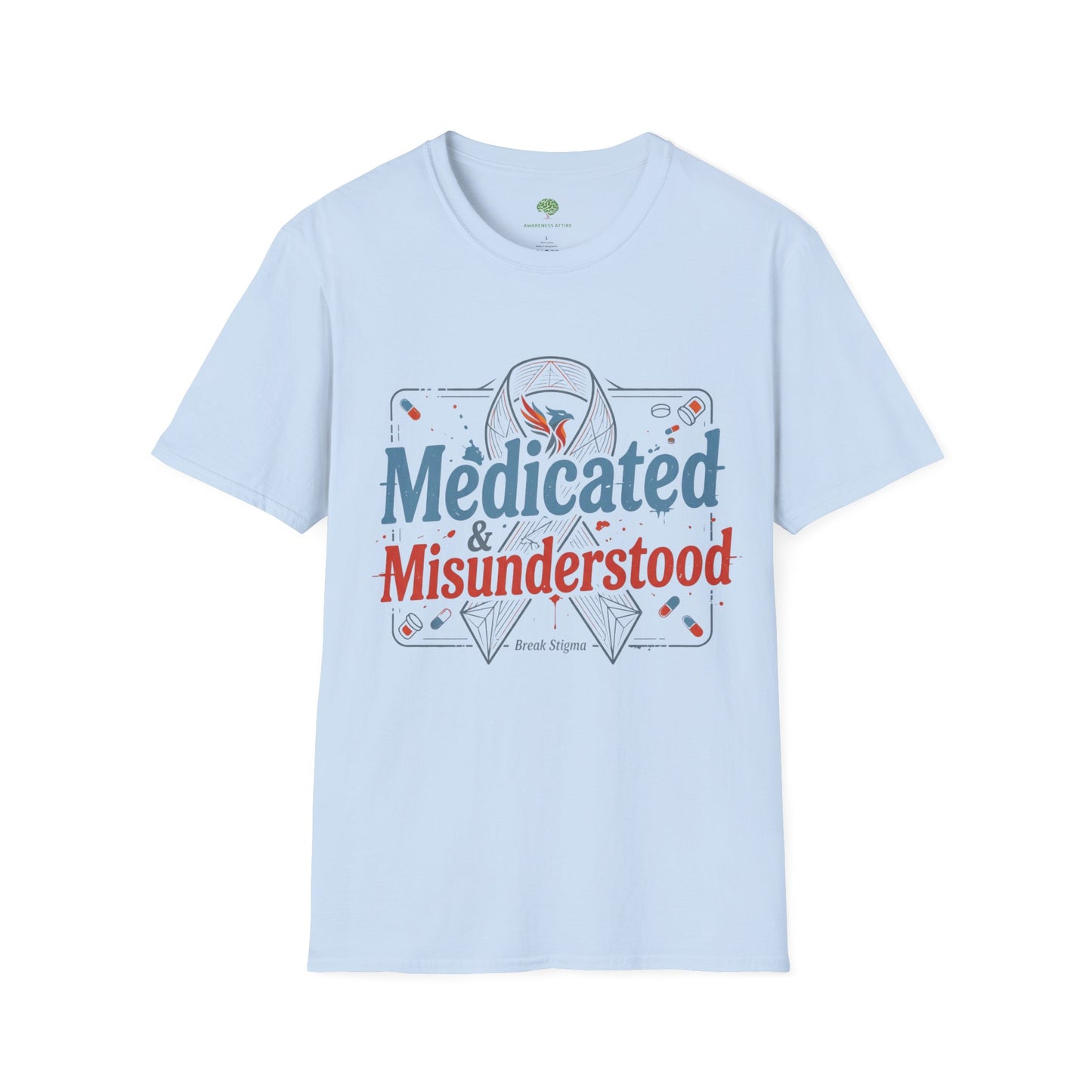 A casual crew-neck shirt showcasing the candid text 'Medicated and Misunderstood' in a striking font, designed to spark conversation around mental health realities.