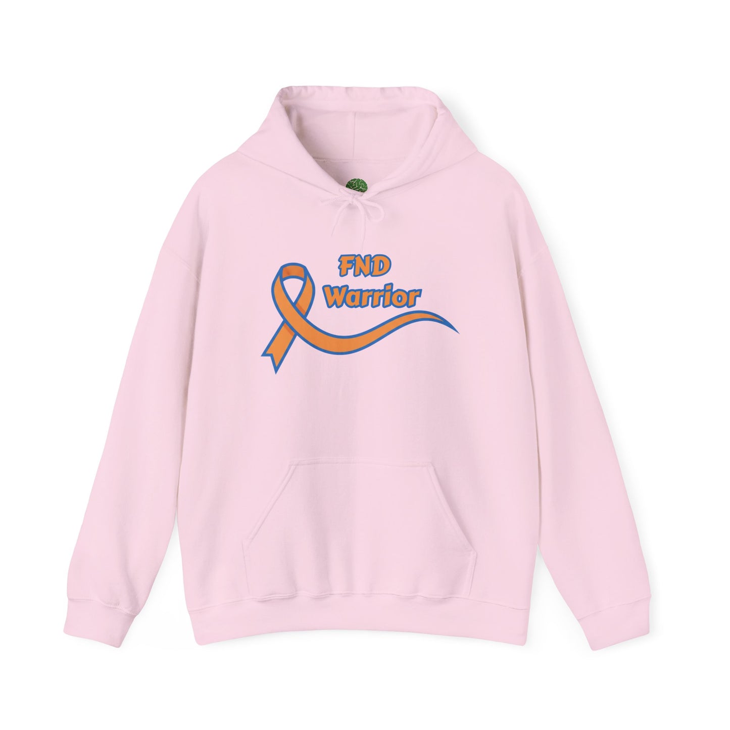 Hoodie with Orange ribbon with blue outline saying FND Warrior