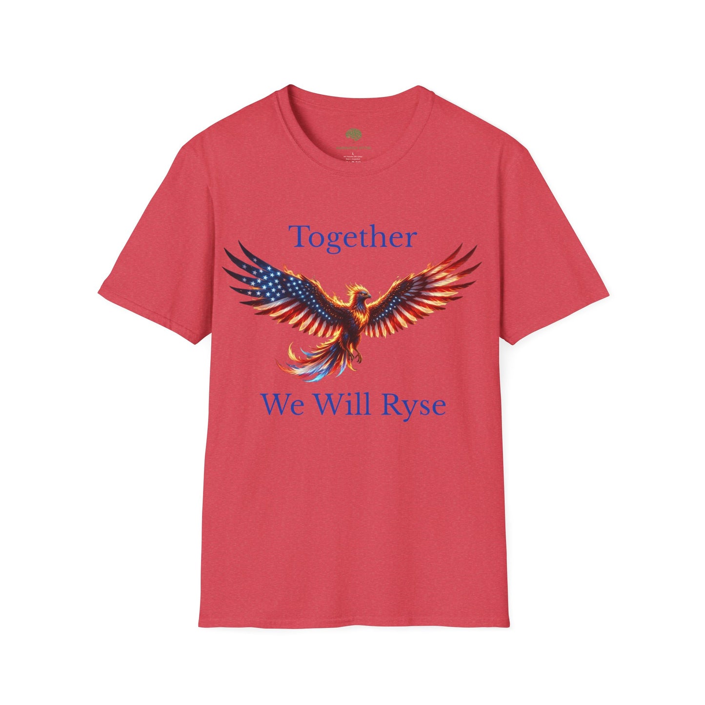 An Awareness Attire tee featuring Ryse the phoenix styled in a red, white, and blue American flag pattern alongside the inspiring slogan 'Together We Will Rise'.