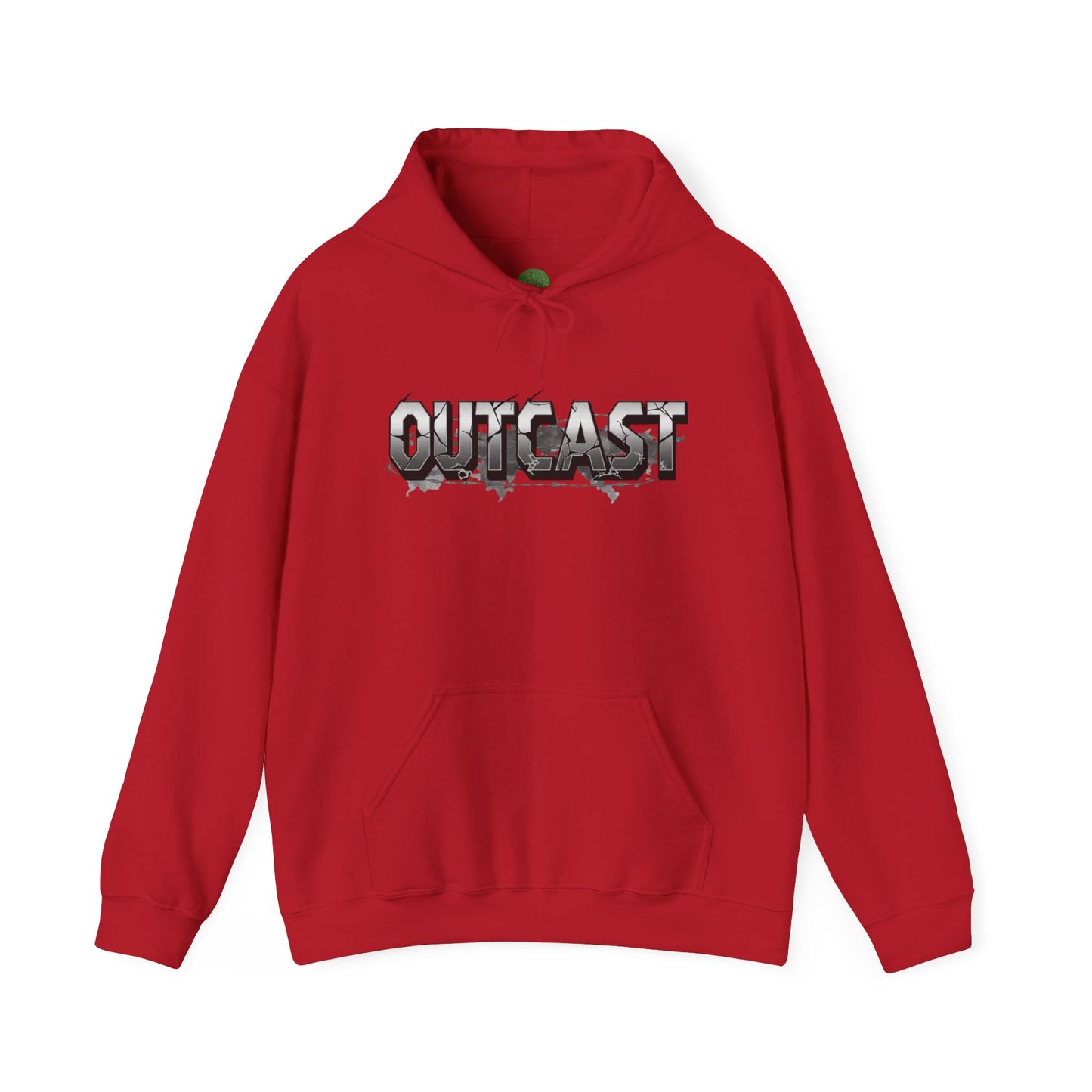 Hoodie with the Phrase Outcast across the chest.