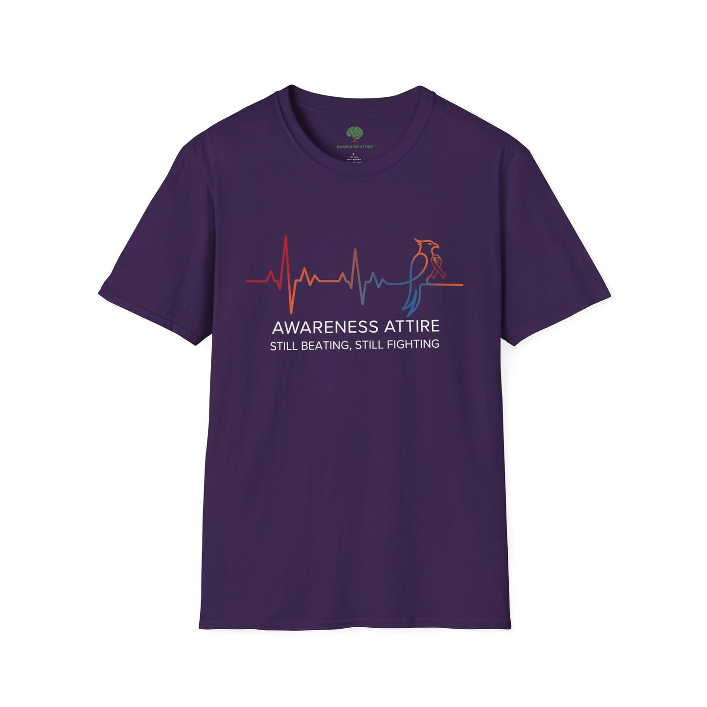 Awareness Attire's 'Still Beating, Still Fighting' shirt, featuring a heartbeat line evolving into Ryse the phoenix—a powerful symbol of resilience in purple.