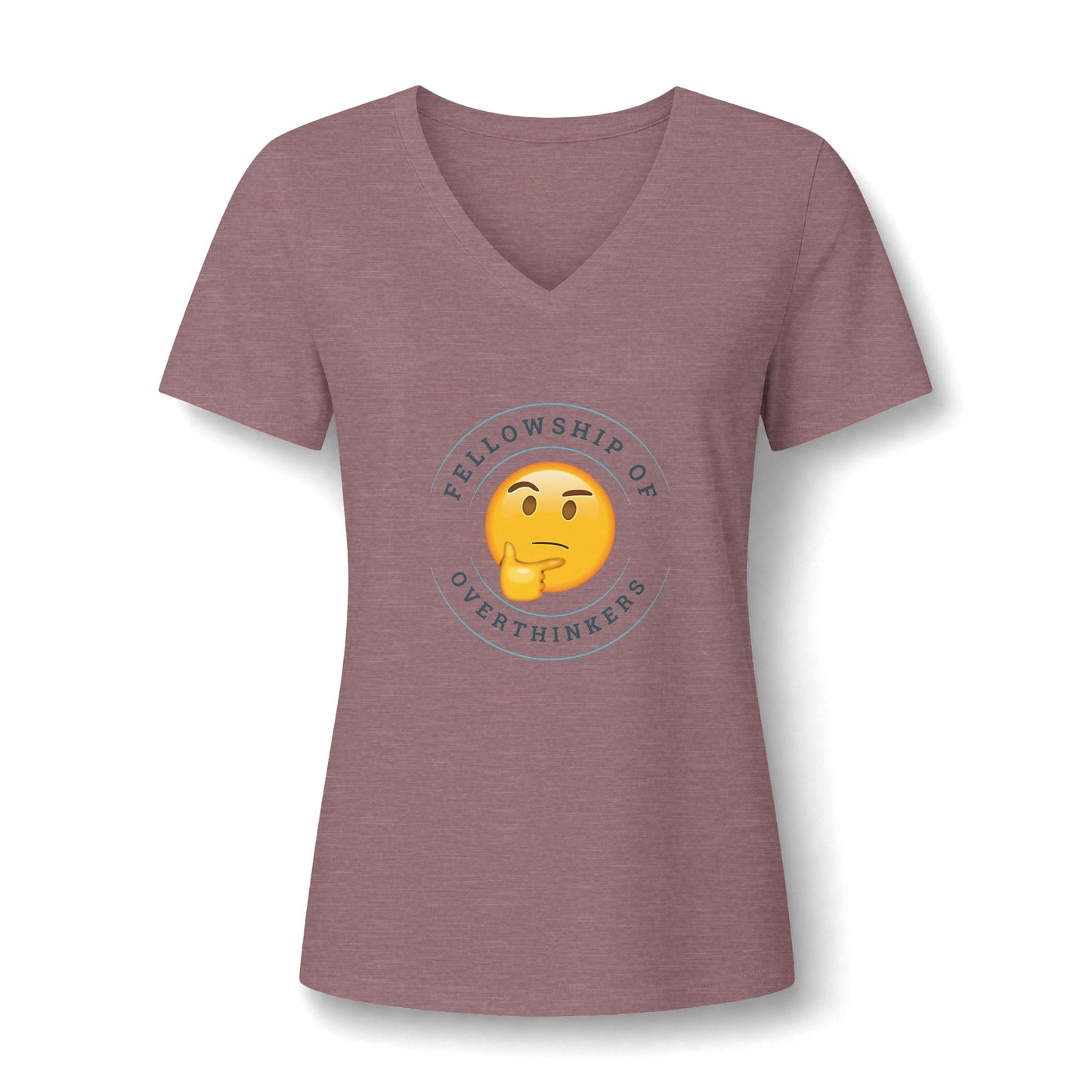A women's heathered dusty rose V-neck t-shirt featuring a circular graphic on the chest with a yellow thinking emoji and the text 'FELLOWSHIP OF OVERTHINKERS'.