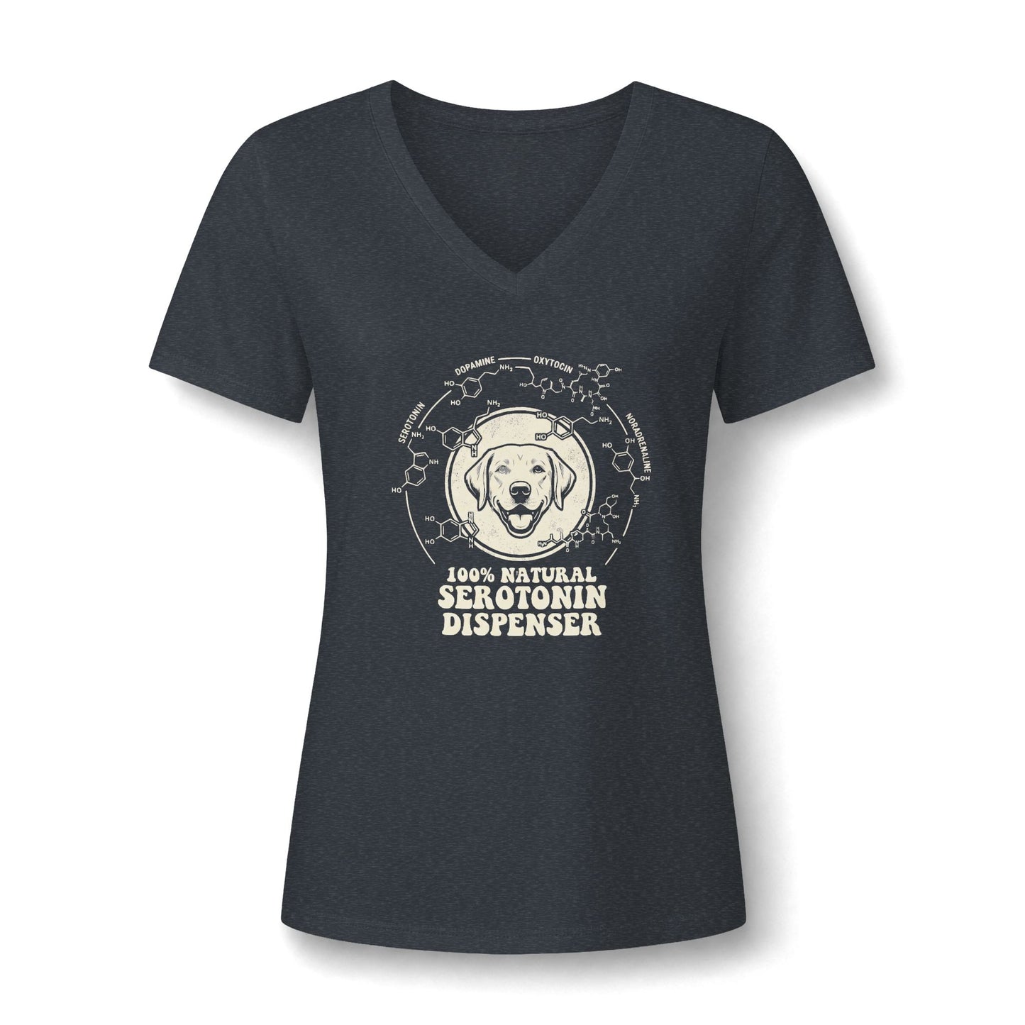 A cute Awareness Attire tee featuring an adorable dog graphic and the uplifting slogan '100% Natural Serotonin Dispenser' in heather navy