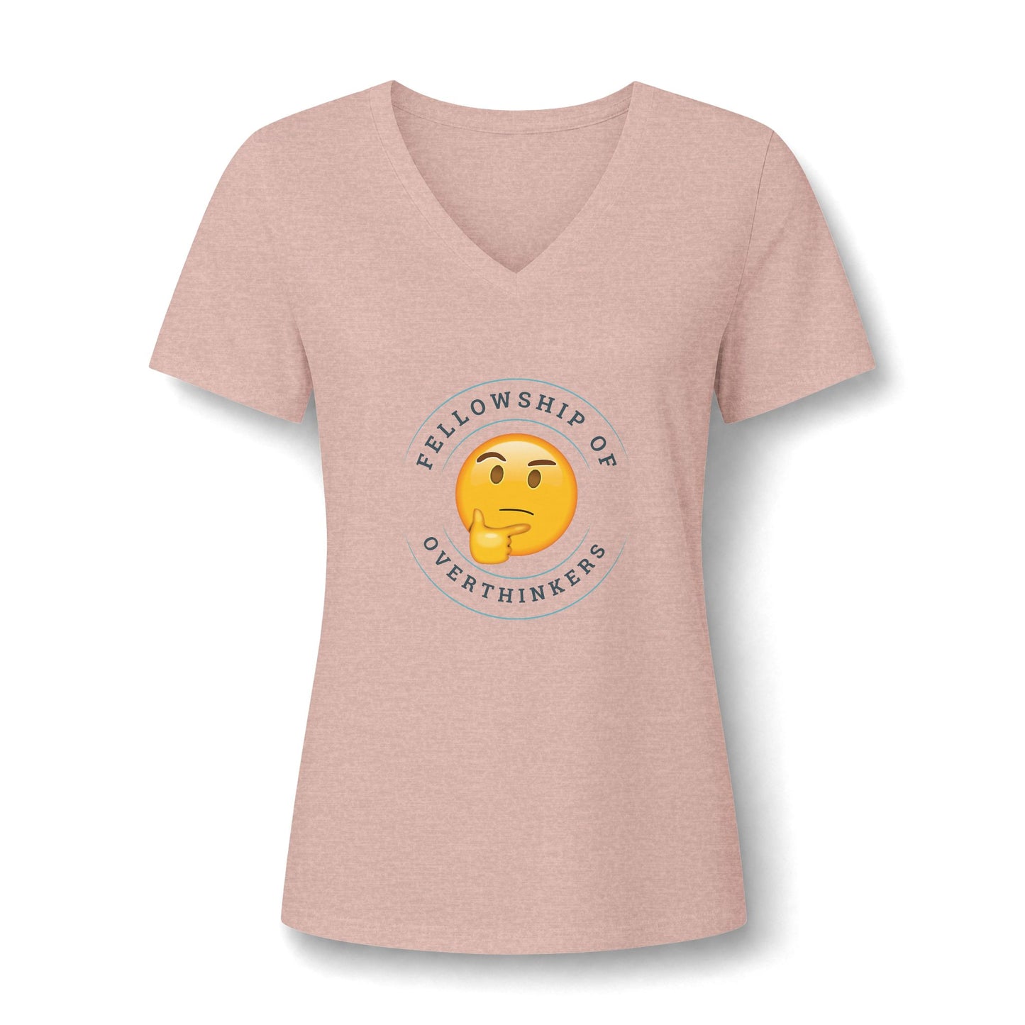 A heathered light pink v-neck t-shirt featuring a circular graphic on the chest with a yellow thinking emoji and the text 'FELLOWSHIP OF OVERTHINKERS'.