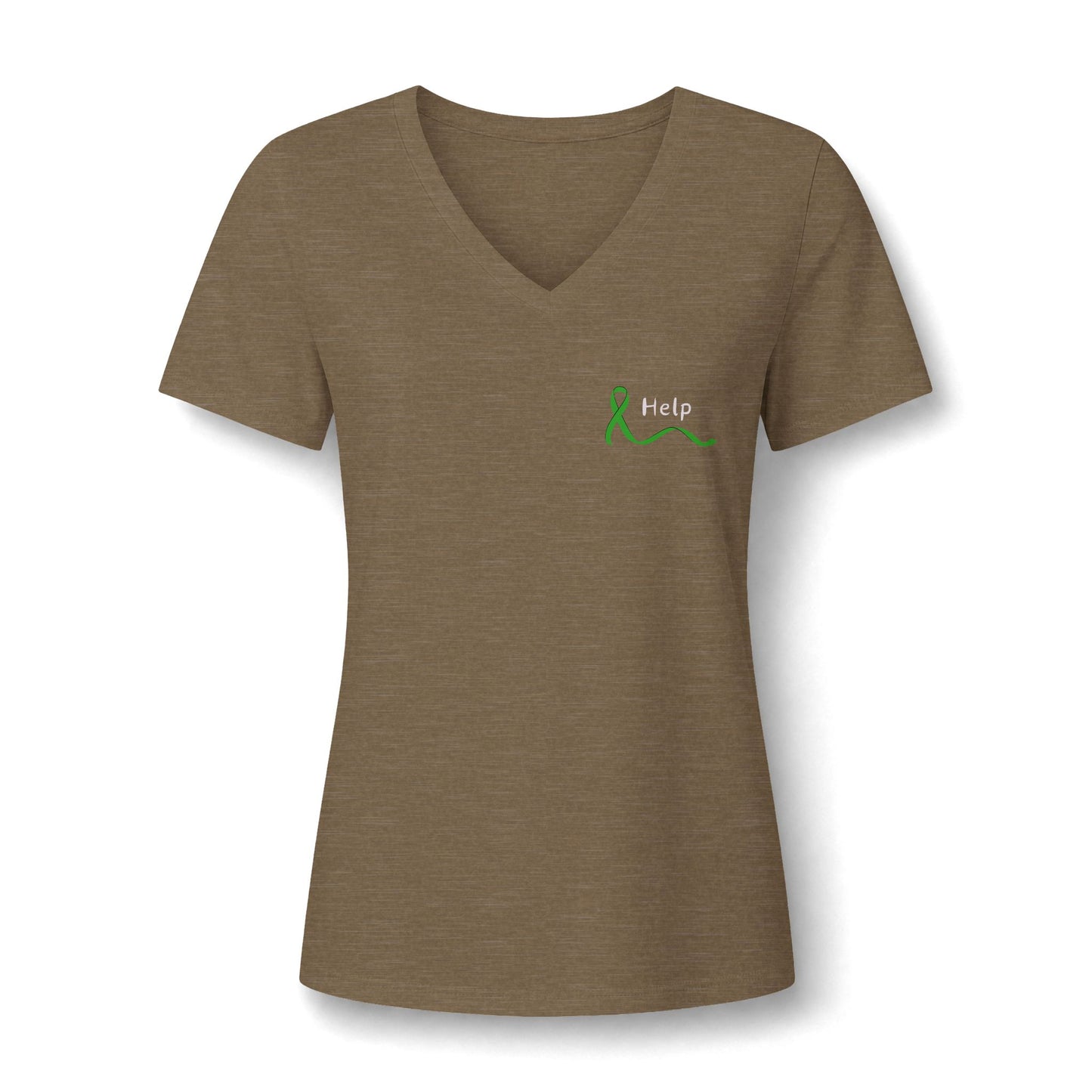A women's short-sleeve V-neck t-shirt in heathered dusty rose, featuring a small green ribbon and the word 'Help' printed on the left chest, set against a plain white background.