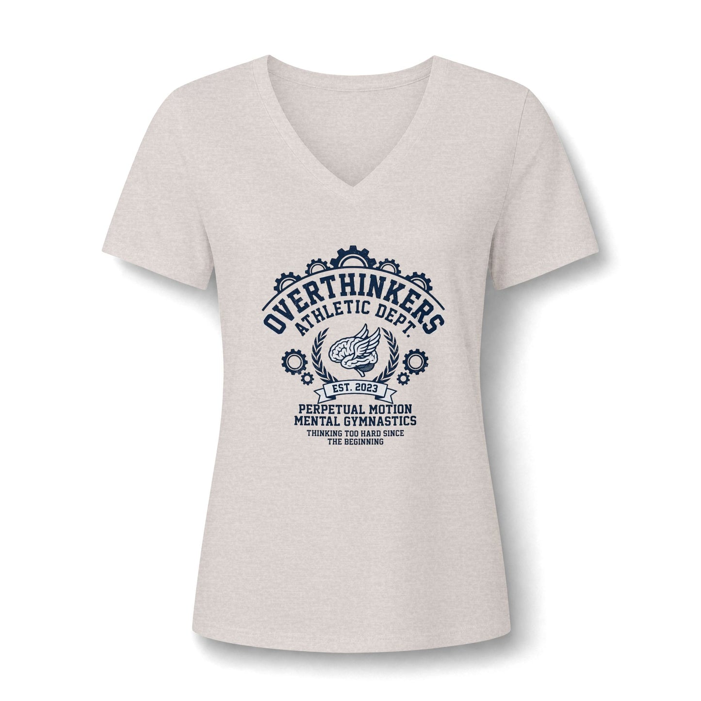Overthinkers Athletic Women’s V-Neck Tee — “Perpetual Motion Mental Gymnastics” Graphic