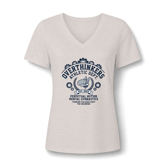 Overthinkers Athletic Women’s V-Neck Tee — “Perpetual Motion Mental Gymnastics” Graphic