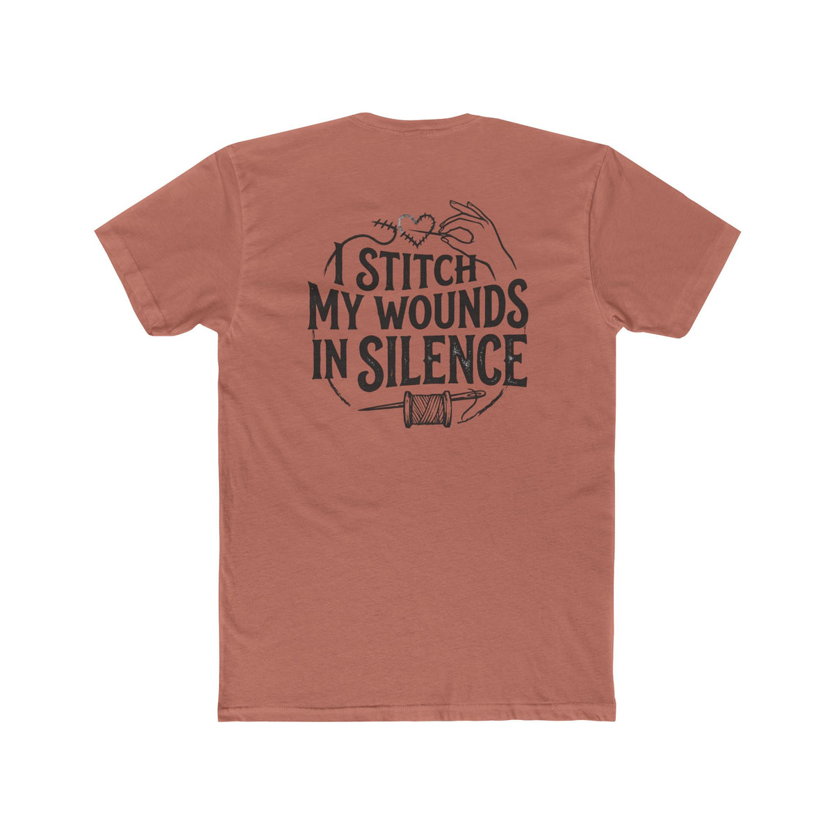 I Stitch My Wounds in Silence Tee — Hand Sewing Graphic T-Shirt