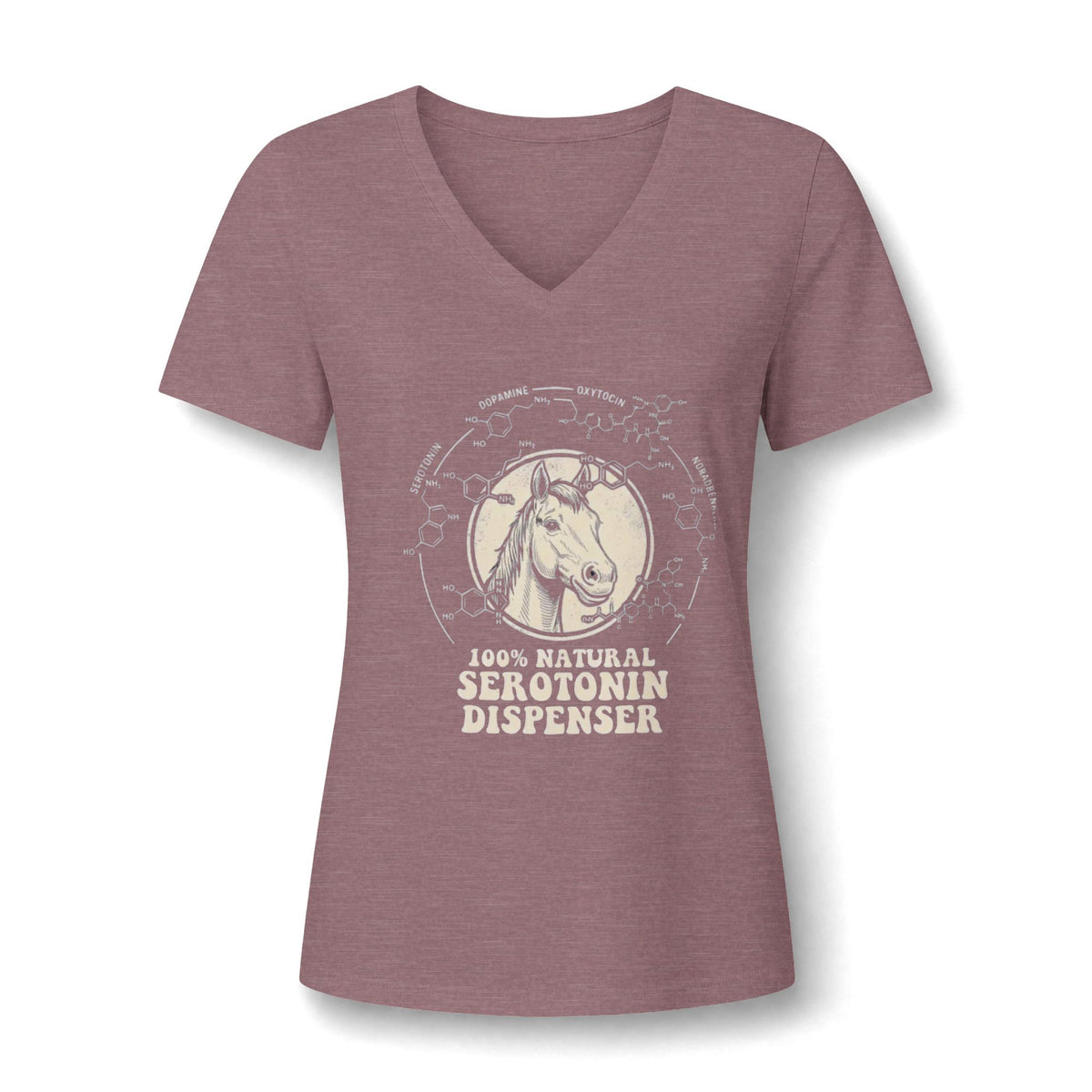 A casual tee featuring a friendly horse graphic and the text '100% Natural Serotonin Dispenser'—the perfect mood-booster in heather mauve.