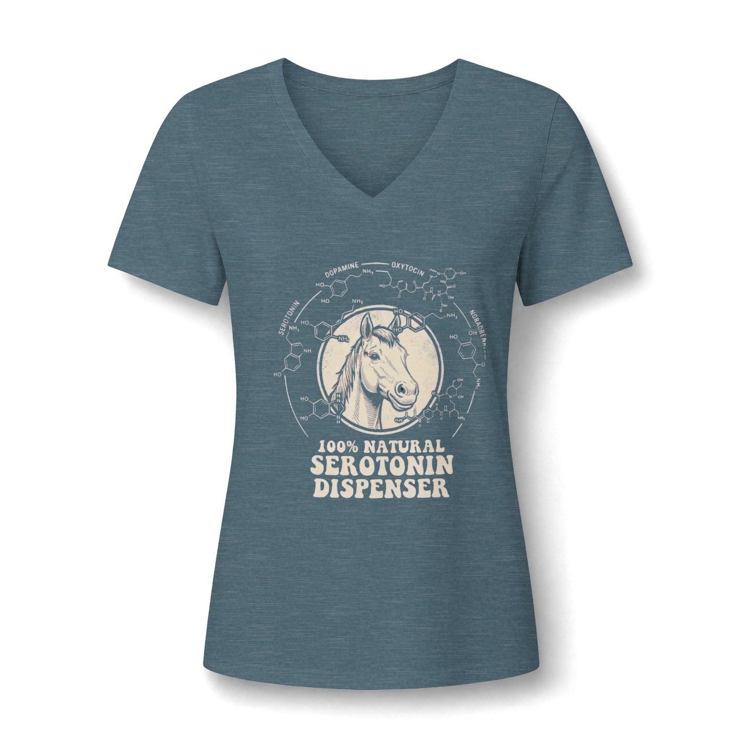 A casual tee featuring a friendly horse graphic and the text '100% Natural Serotonin Dispenser'—the perfect mood-booster in heather slate.