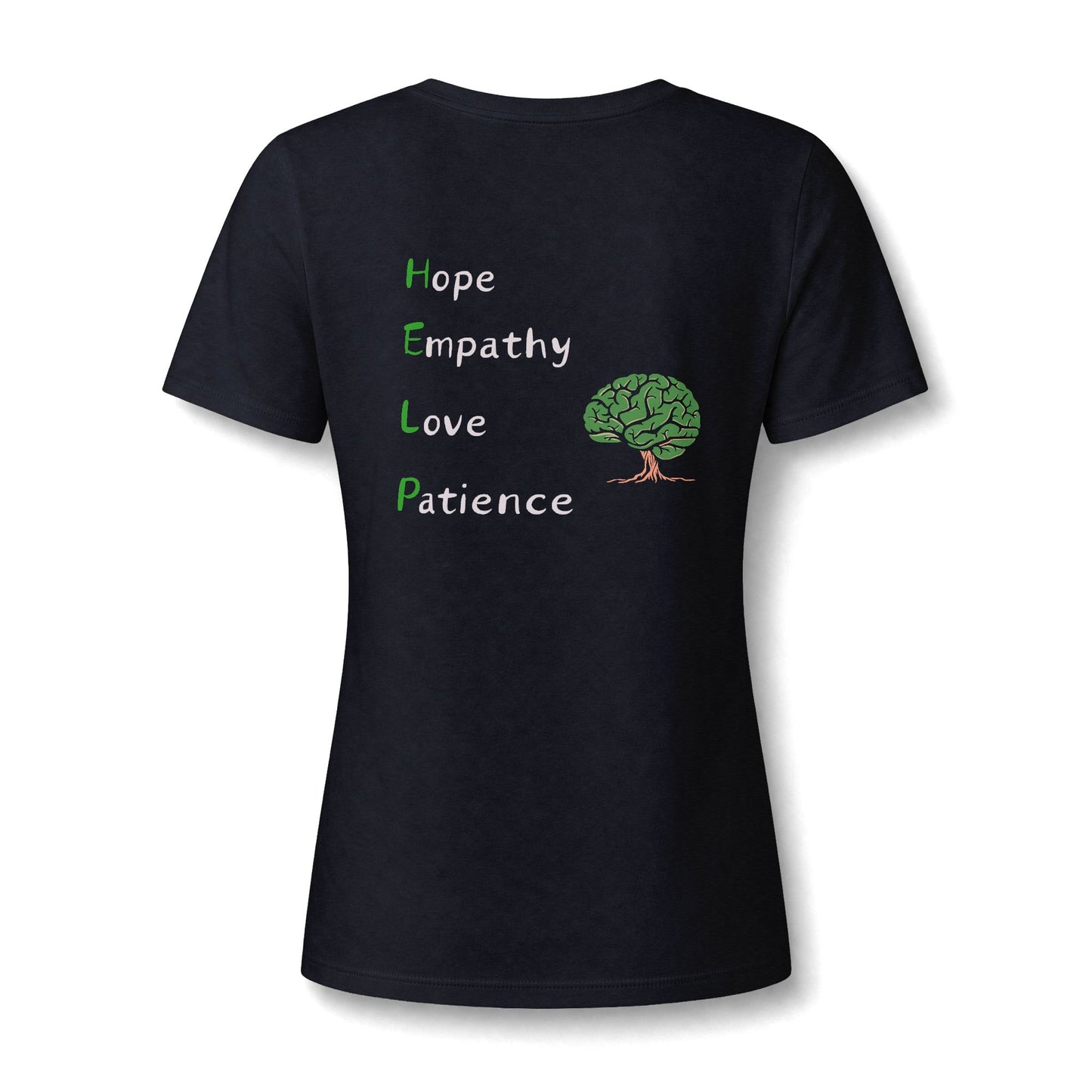 A black short-sleeve t-shirt with a graphic on the front reading 'Hope Empathy Love Patience' in white and green text next to a green brain tree illustration, shown on a white background.