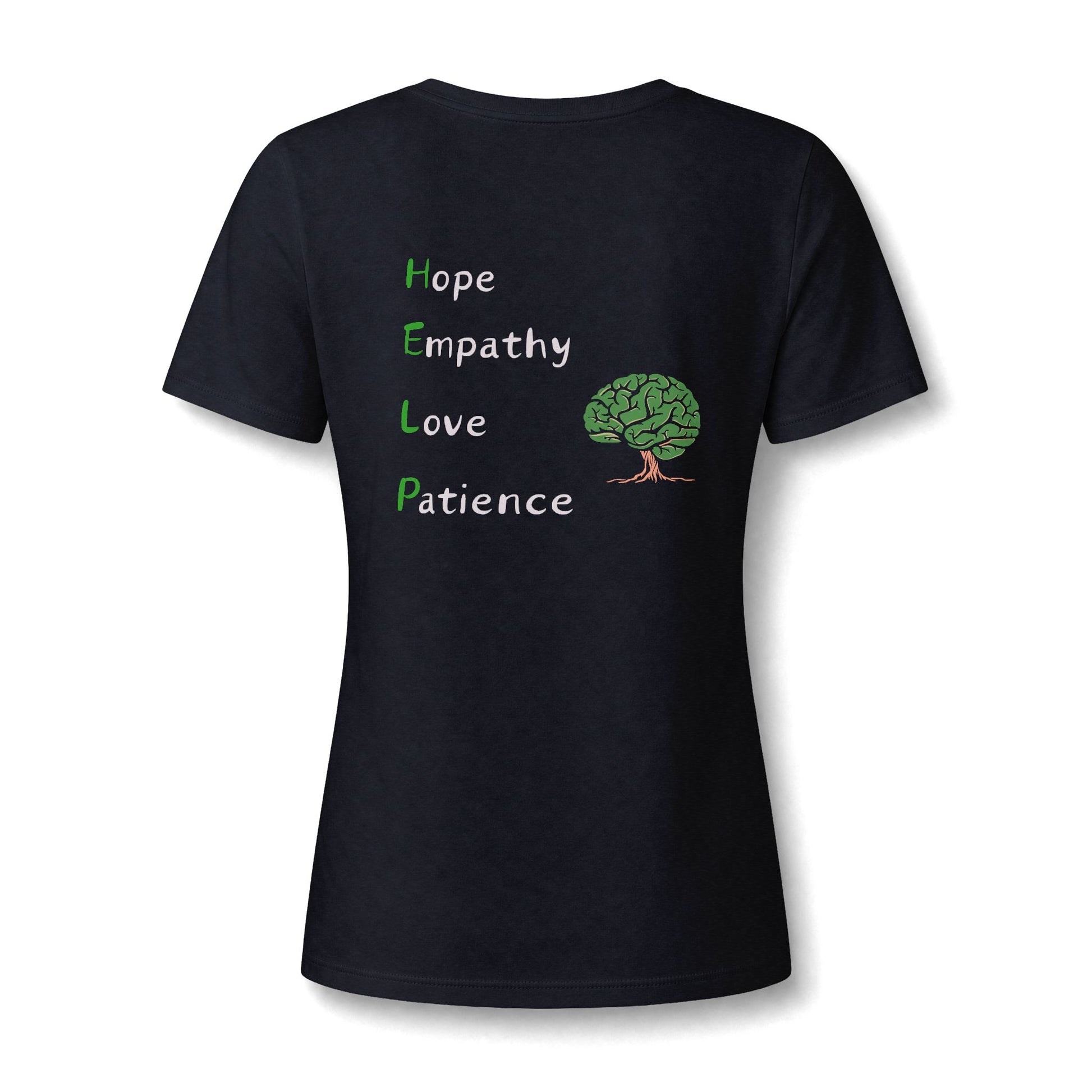 A black short-sleeve t-shirt with a graphic on the front reading 'Hope Empathy Love Patience' in white and green text next to a green brain tree illustration, shown on a white background.