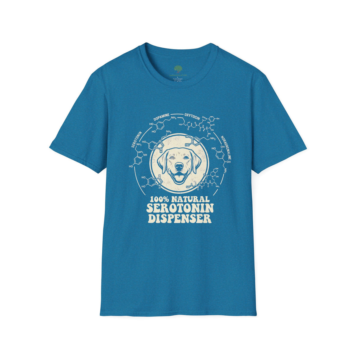A cute Awareness Attire tee featuring an adorable dog graphic and the uplifting slogan '100% Natural Serotonin Dispenser'
