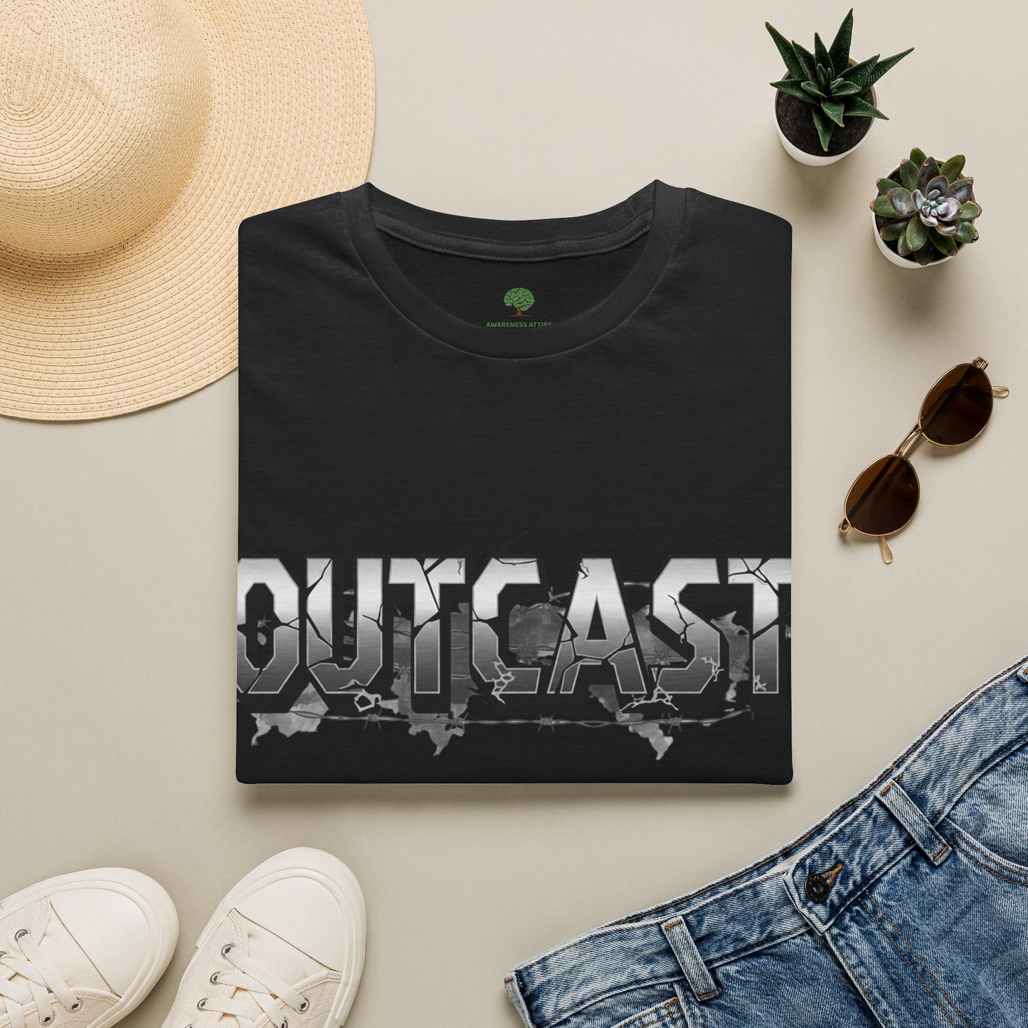 Black t-shirt with 'Outcast graphic 