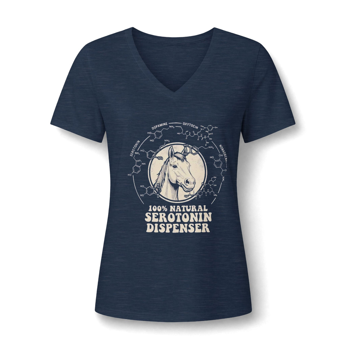 A casual tee featuring a friendly horse graphic and the text '100% Natural Serotonin Dispenser'—the perfect mood-booster in heather navy.