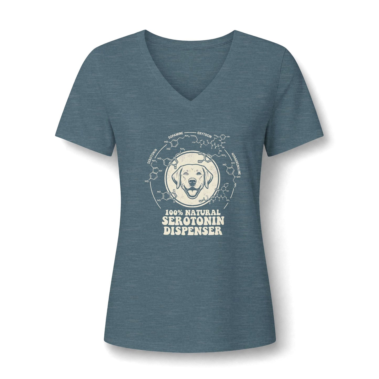A cute Awareness Attire tee featuring an adorable dog graphic and the uplifting slogan '100% Natural Serotonin Dispenser' in heather slate