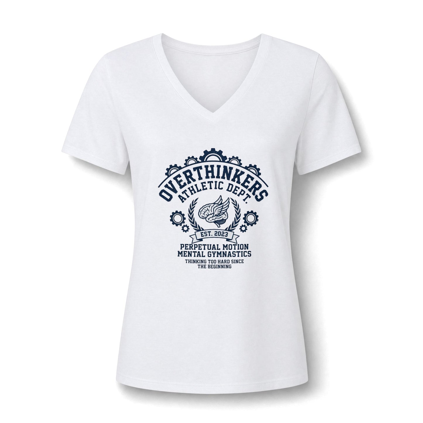 Overthinkers Athletic Women’s V-Neck Tee — “Perpetual Motion Mental Gymnastics” Graphic