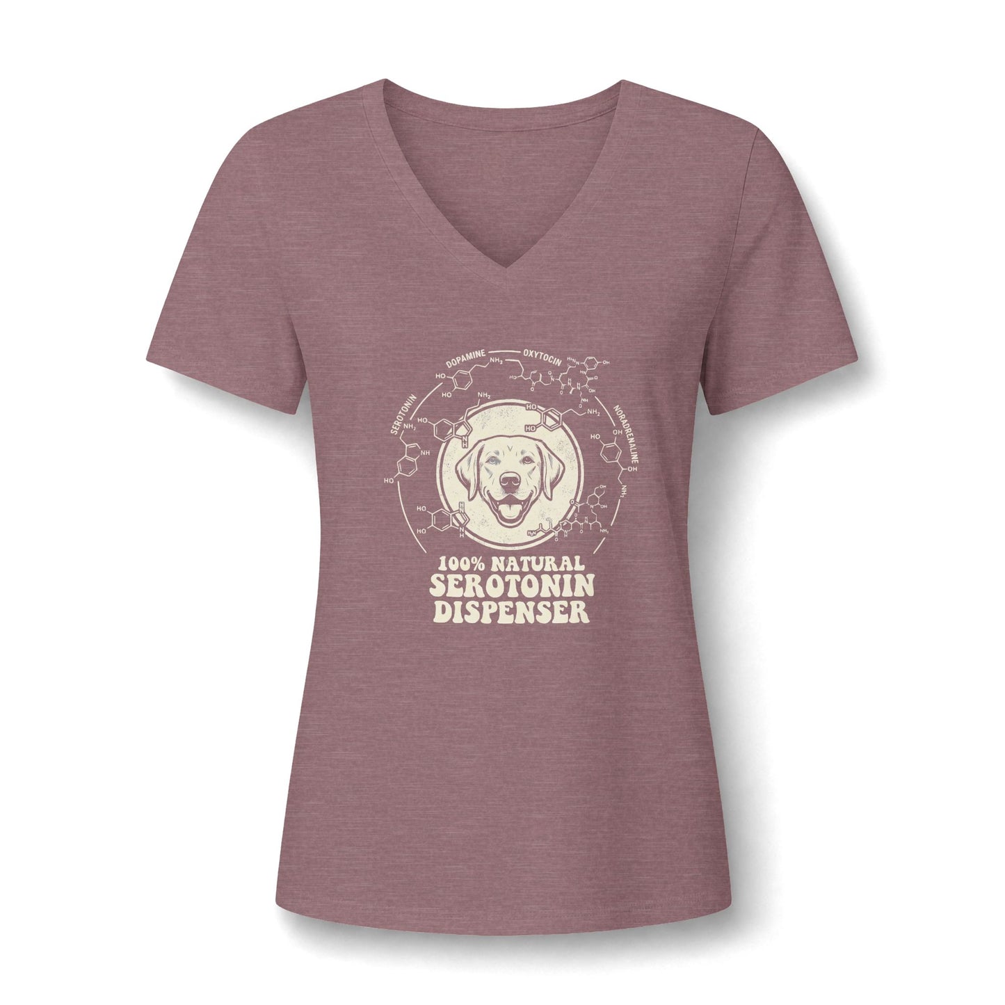 A cute Awareness Attire tee featuring an adorable dog graphic and the uplifting slogan '100% Natural Serotonin Dispenser' in heather mauve