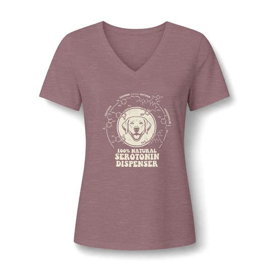 A cute Awareness Attire tee featuring an adorable dog graphic and the uplifting slogan '100% Natural Serotonin Dispenser' in heather mauve