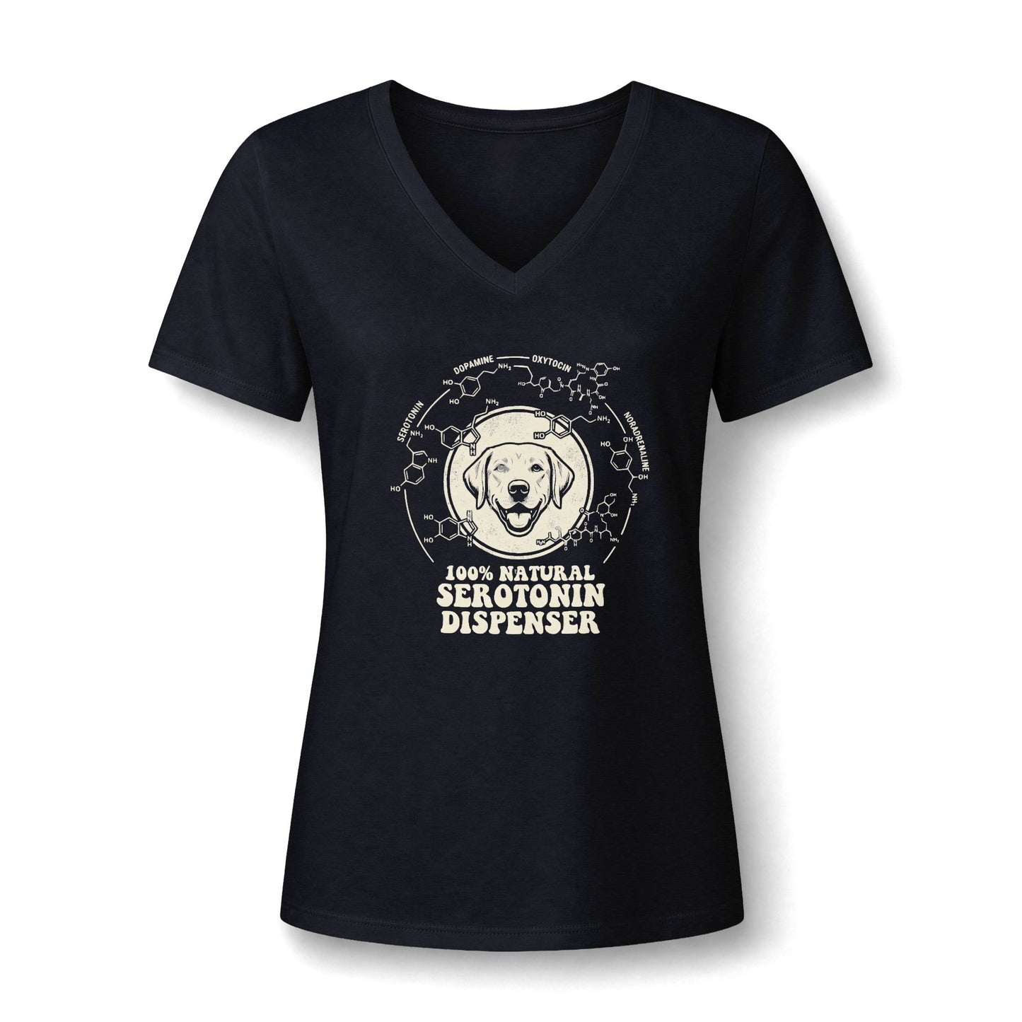 A cute Awareness Attire tee featuring an adorable dog graphic and the uplifting slogan '100% Natural Serotonin Dispenser' in black