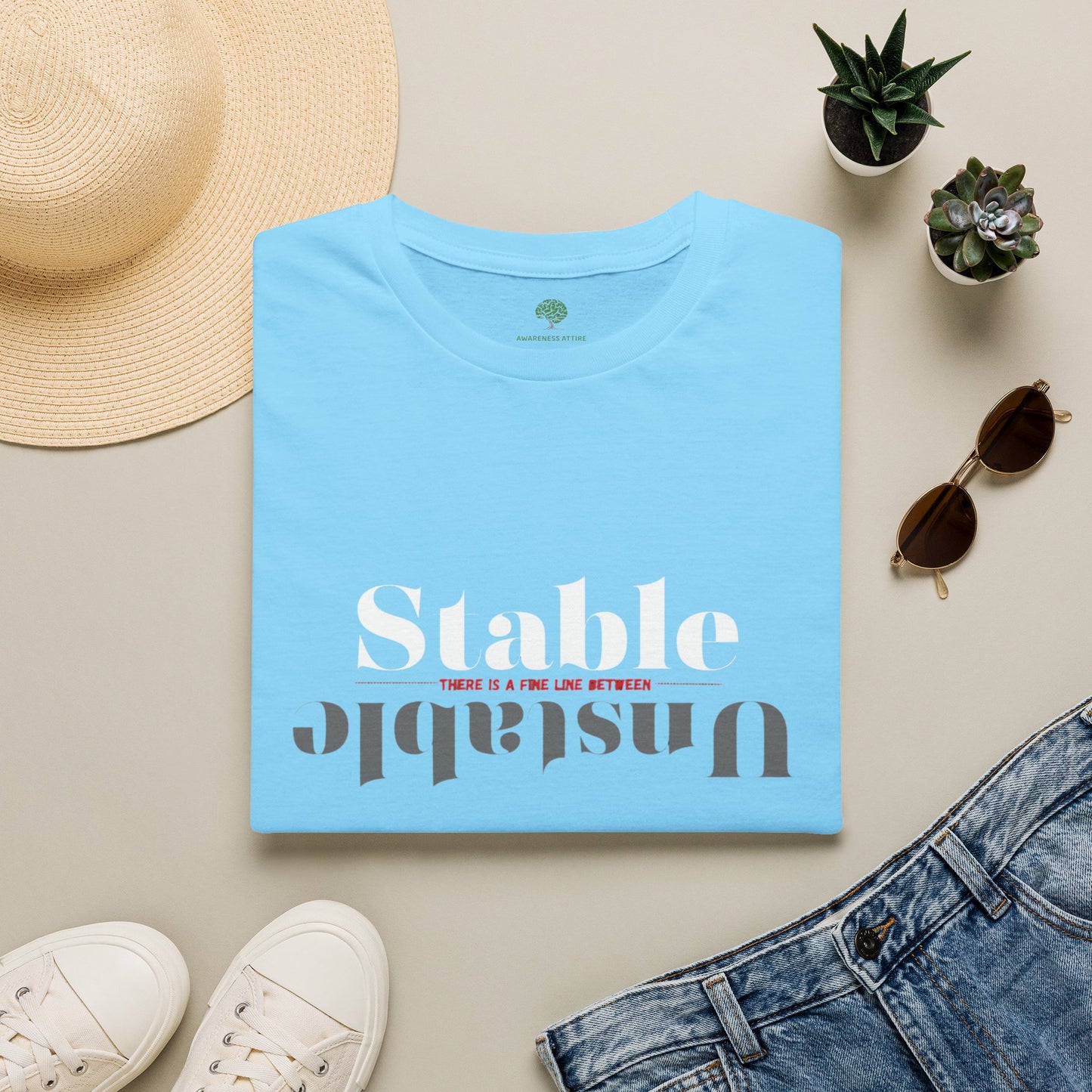 Mental Health Awareness shirt featuring the words Stable and Unstable, showcasing the fine line between