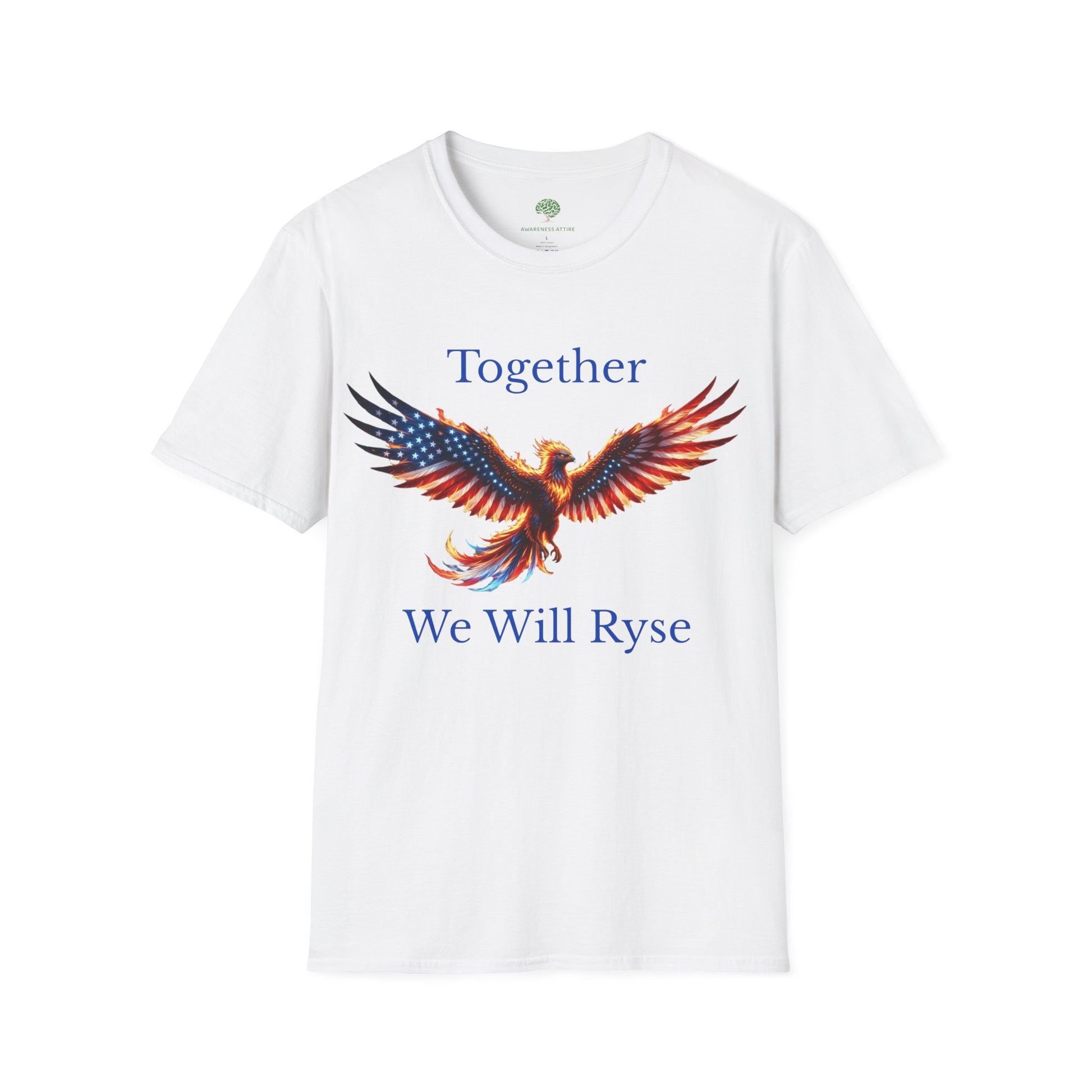 An Awareness Attire tee featuring Ryse the phoenix styled in a red, white, and blue American flag pattern alongside the inspiring slogan 'Together We Will Rise' in white