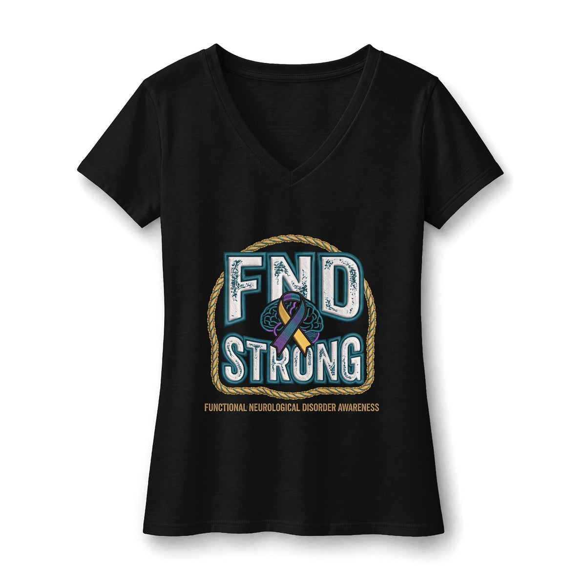 FND Strong Women’s V-Neck Tee — Functional Neurological Disorder Awareness Ribbon
