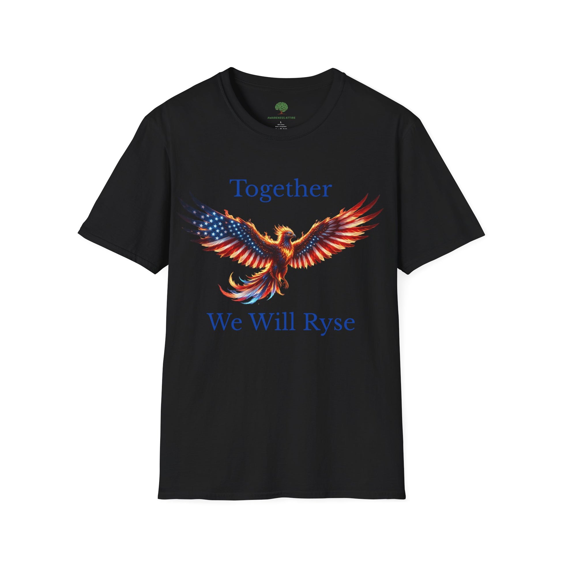 An Awareness Attire tee featuring Ryse the phoenix styled in a red, white, and blue American flag pattern alongside the inspiring slogan 'Together We Will Rise' in black
