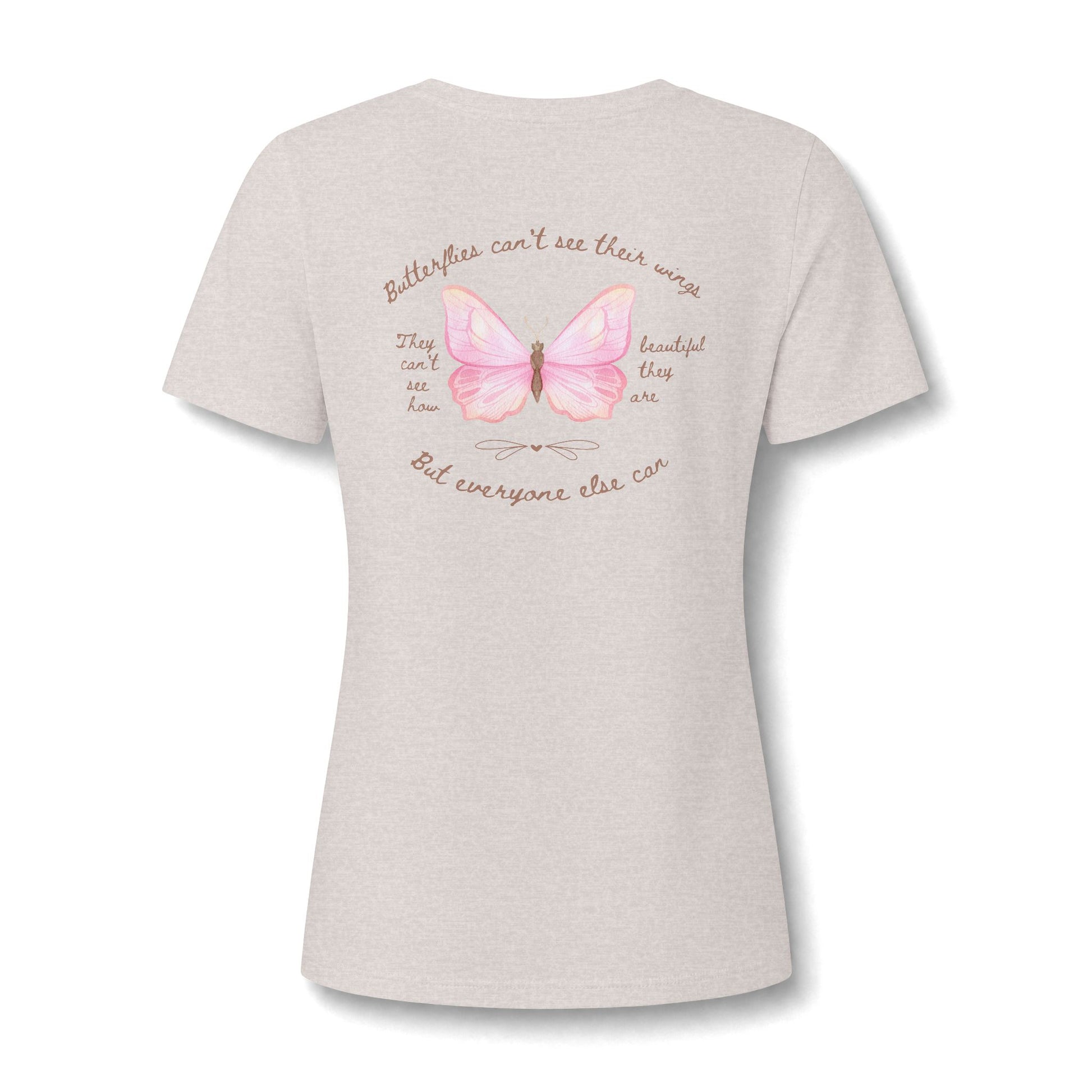 A casual v-neck shirt showcasing a detailed butterfly design centered on the chest, paired with the thoughtful slogan reminding wearers of their unseen beauty
