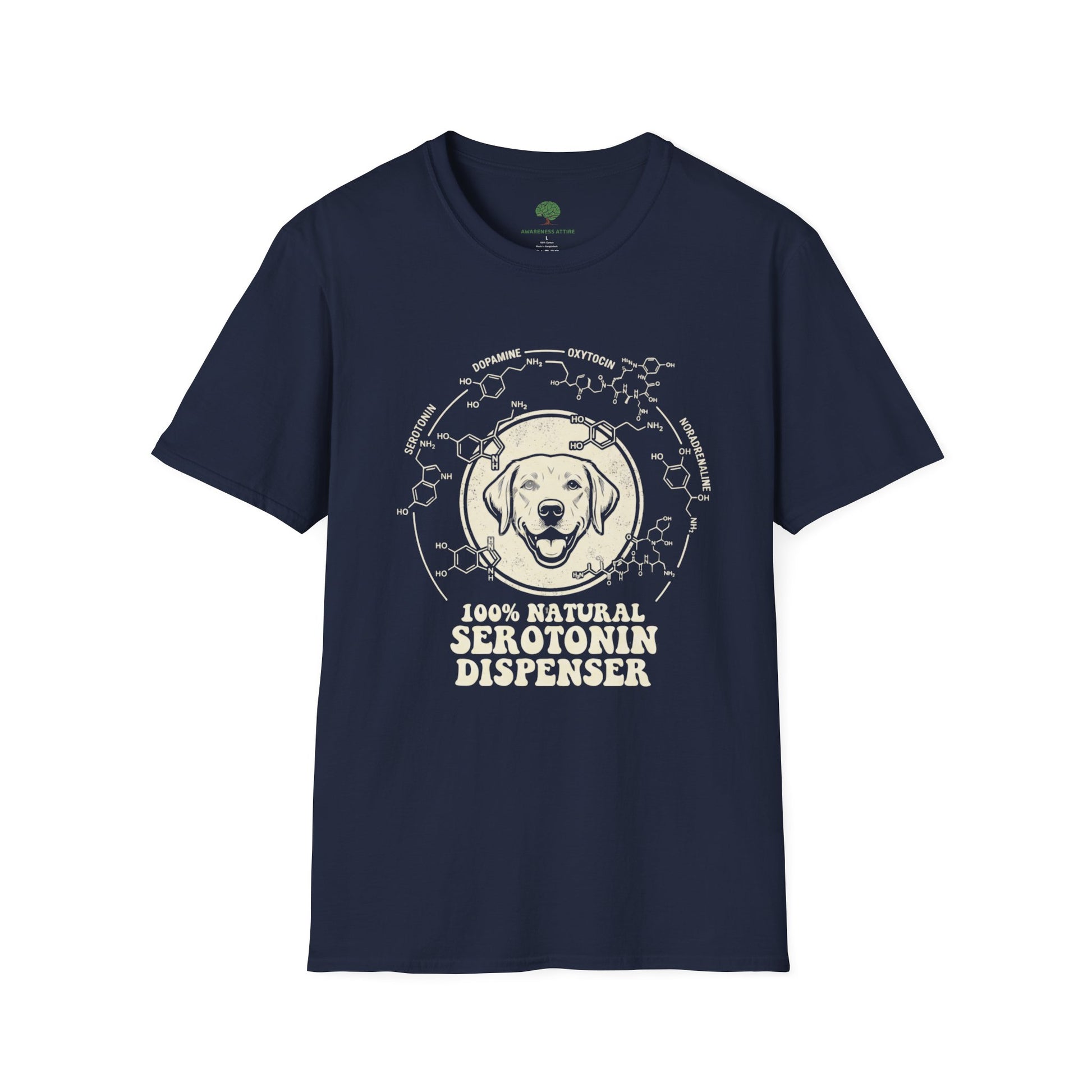 A cute Awareness Attire tee featuring an adorable dog graphic and the uplifting slogan '100% Natural Serotonin Dispenser'