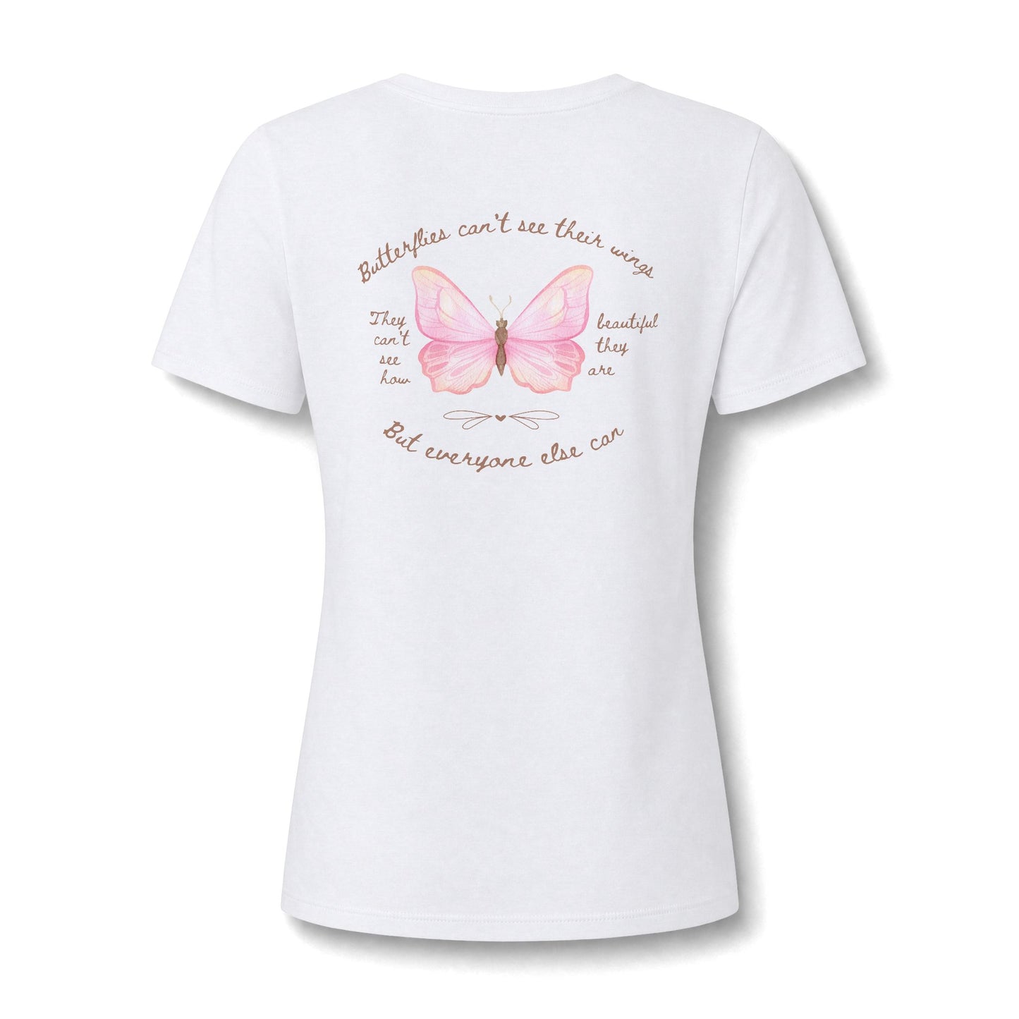 A casual v-neck shirt showcasing a detailed butterfly design centered on the chest, paired with the thoughtful slogan reminding wearers of their unseen beauty