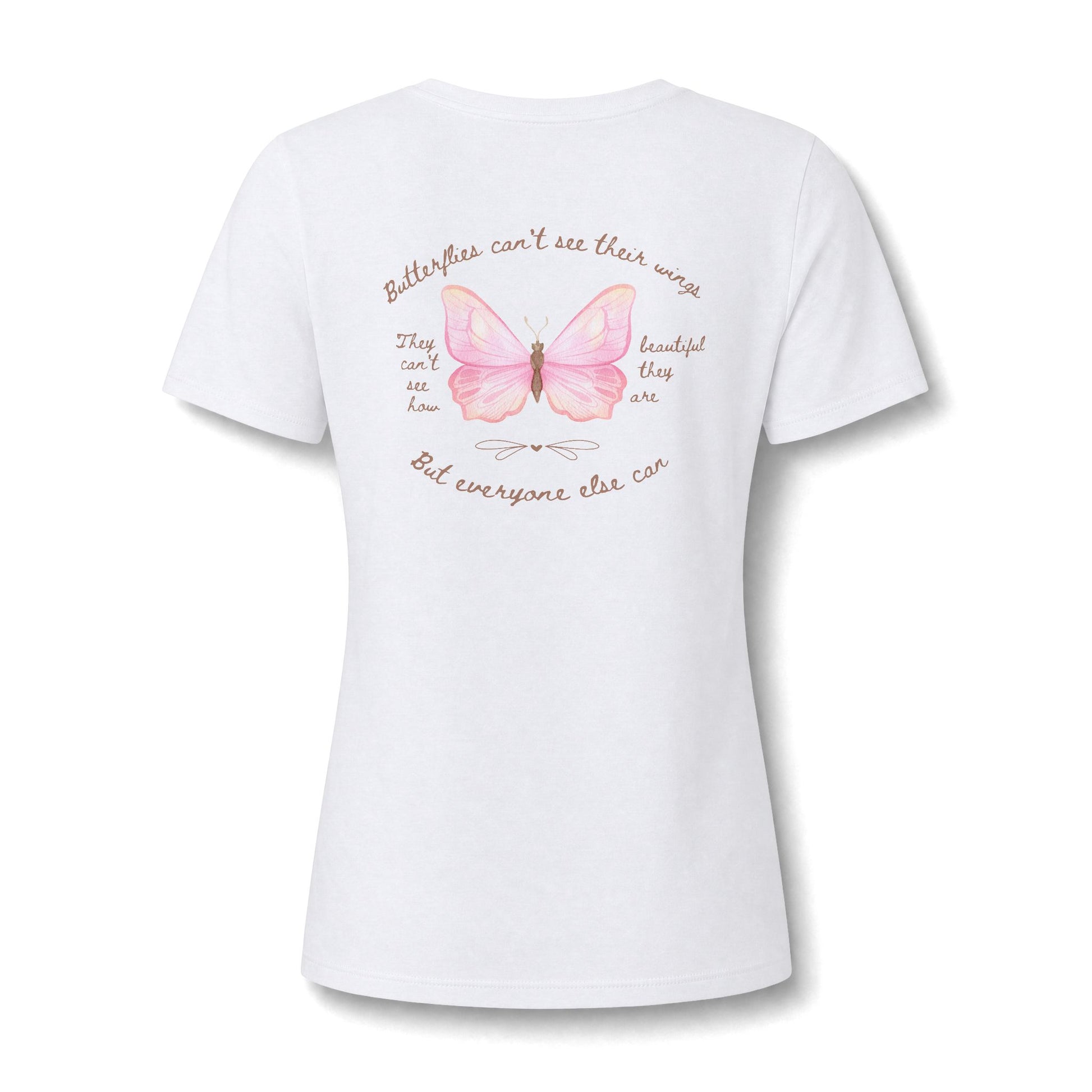 A casual v-neck shirt showcasing a detailed butterfly design centered on the chest, paired with the thoughtful slogan reminding wearers of their unseen beauty
