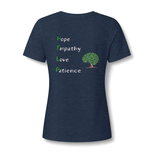 A navy blue short-sleeve t-shirt with a graphic on the front featuring the words 'Hope', 'Empathy', 'Love', and 'Patience' in white and green text next to a green brain-shaped tree, shown on a white background.