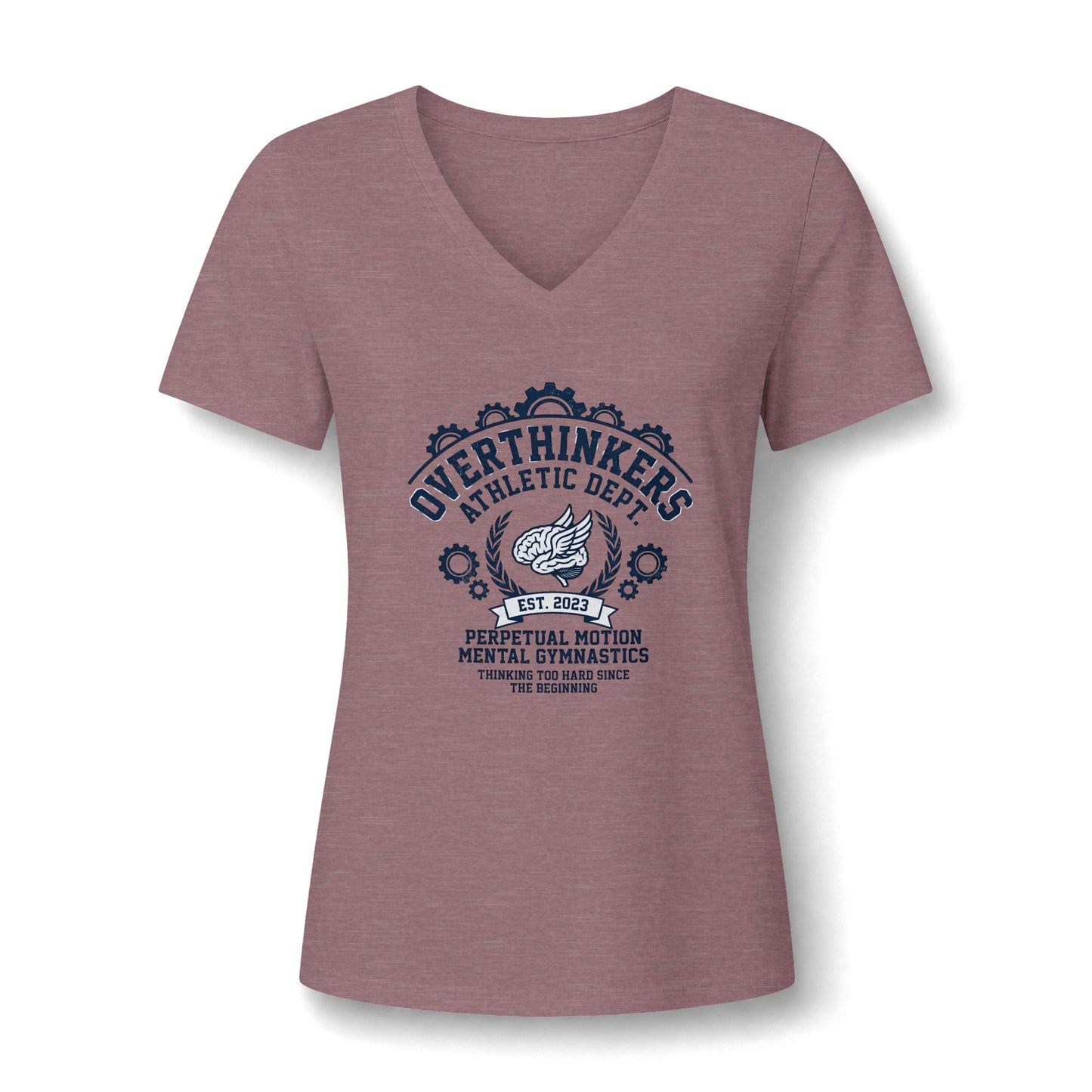 Overthinkers Athletic Women’s V-Neck Tee — “Perpetual Motion Mental Gymnastics” Graphic