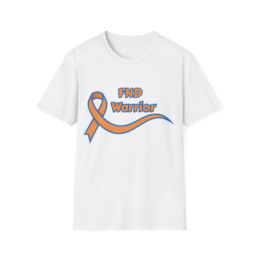 White t-shirt with orange ribbon and 'FND Warrior' text on a white background