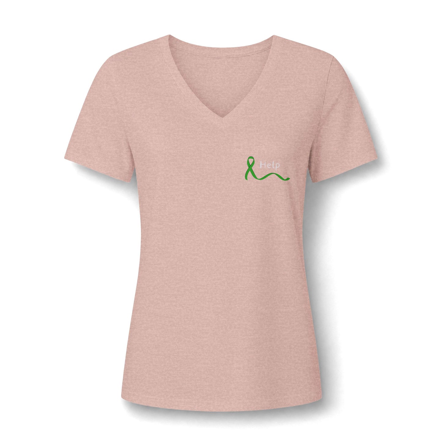 A women's short-sleeve V-neck t-shirt in heathered dusty pink, featuring a small green ribbon and the text 'I hold' printed on the left chest, displayed on a clean white background.