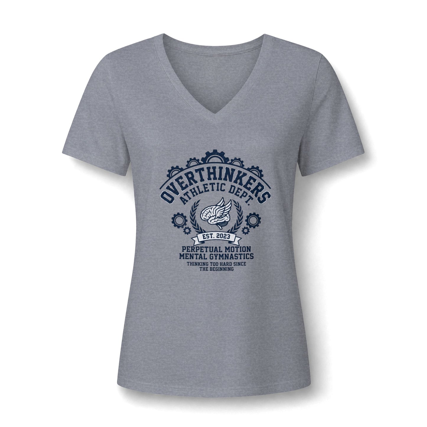 Overthinkers Athletic Women’s V-Neck Tee — “Perpetual Motion Mental Gymnastics” Graphic