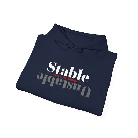 Mental health awareness hoodie featuring the words stable and unstable with a fine line between.