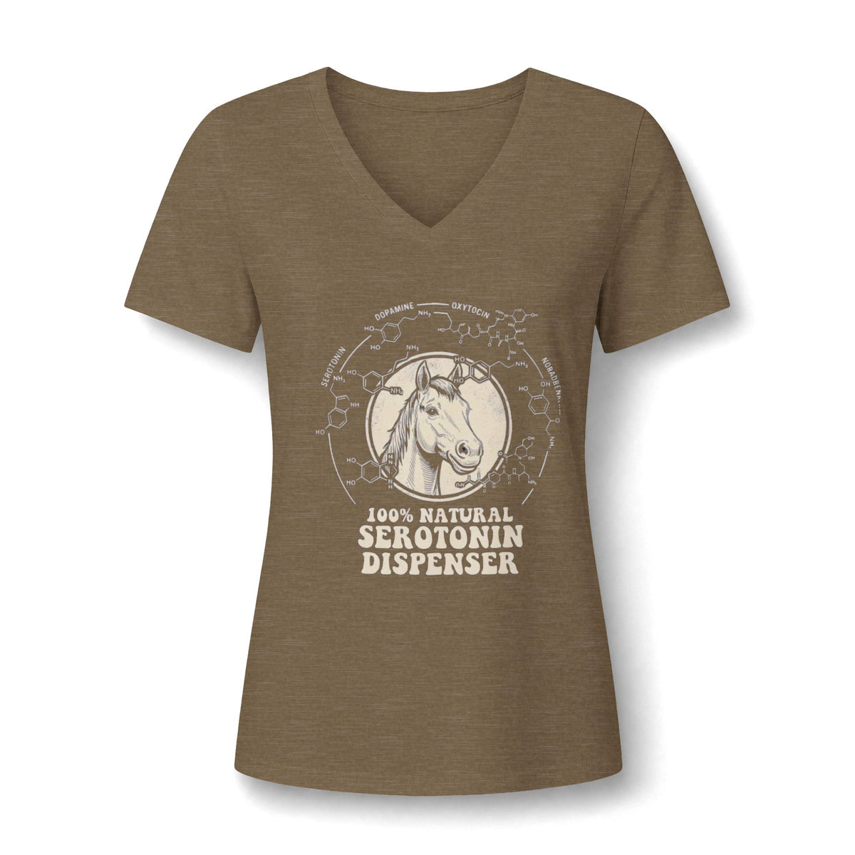 A casual tee featuring a friendly horse graphic and the text '100% Natural Serotonin Dispenser'—the perfect mood-booster in heather olive.