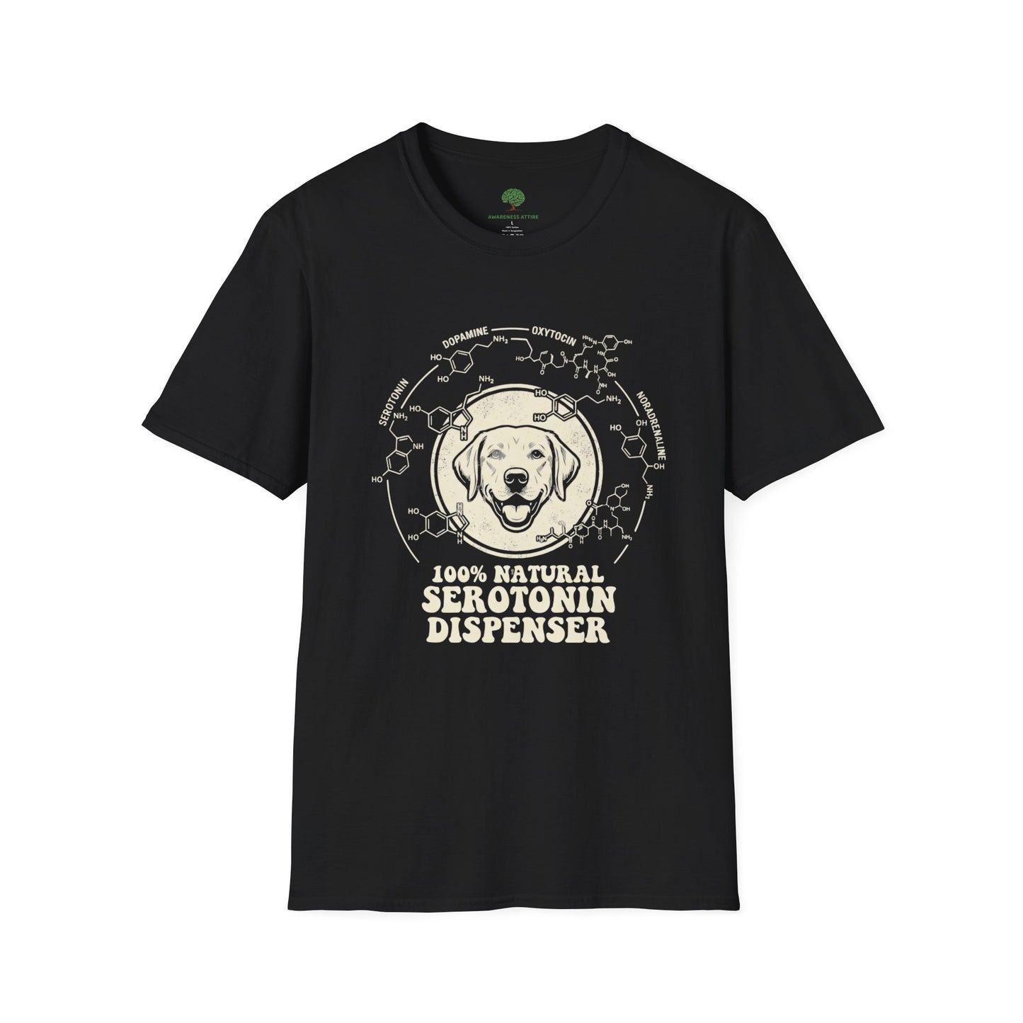 Serotonin Dispenser Dog T-Shirt — 100% Natural Retro Pup Graphic Tee
