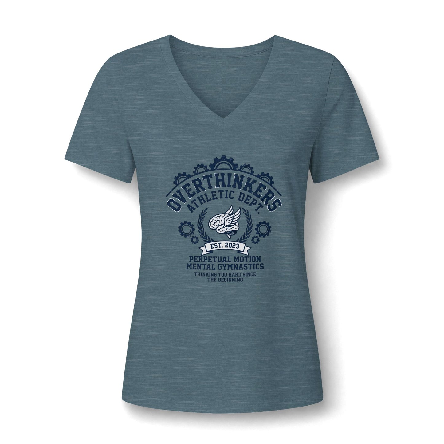 Overthinkers Athletic Women’s V-Neck Tee — “Perpetual Motion Mental Gymnastics” Graphic