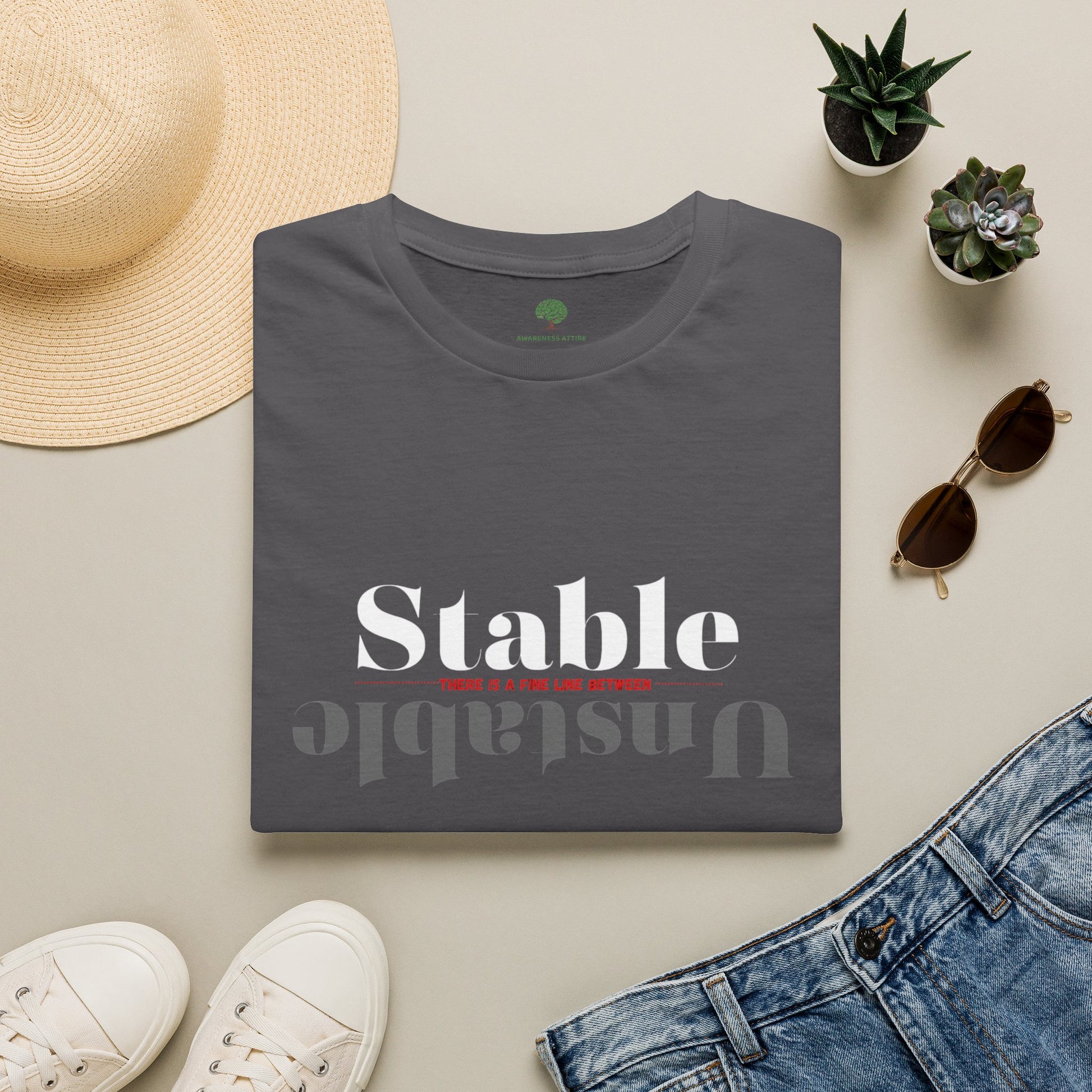 Mental Health Awareness shirt featuring the words Stable and Unstable, showcasing the fine line between